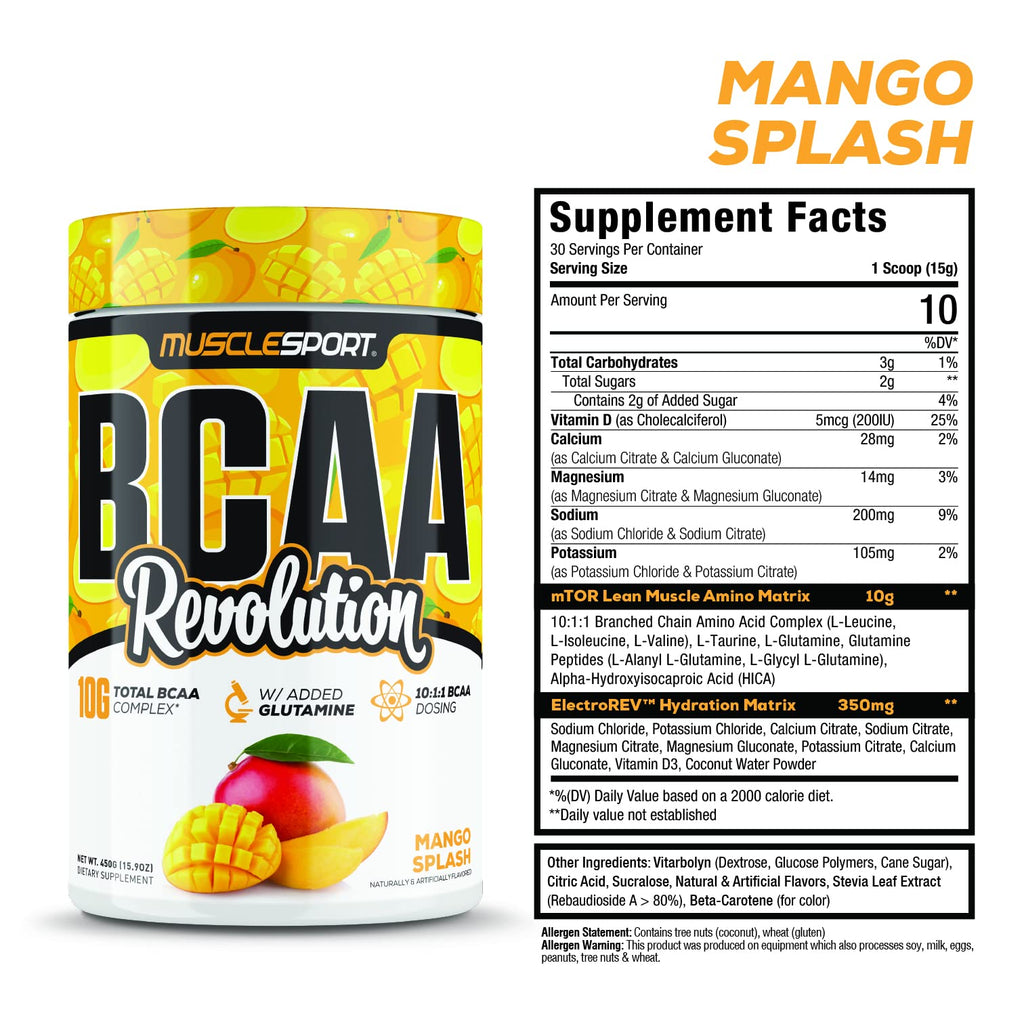 Musclesport BCAA Revolution Mango Splash – Intra-Workout Amino Acid Powder (30 Servings) for Men & Women