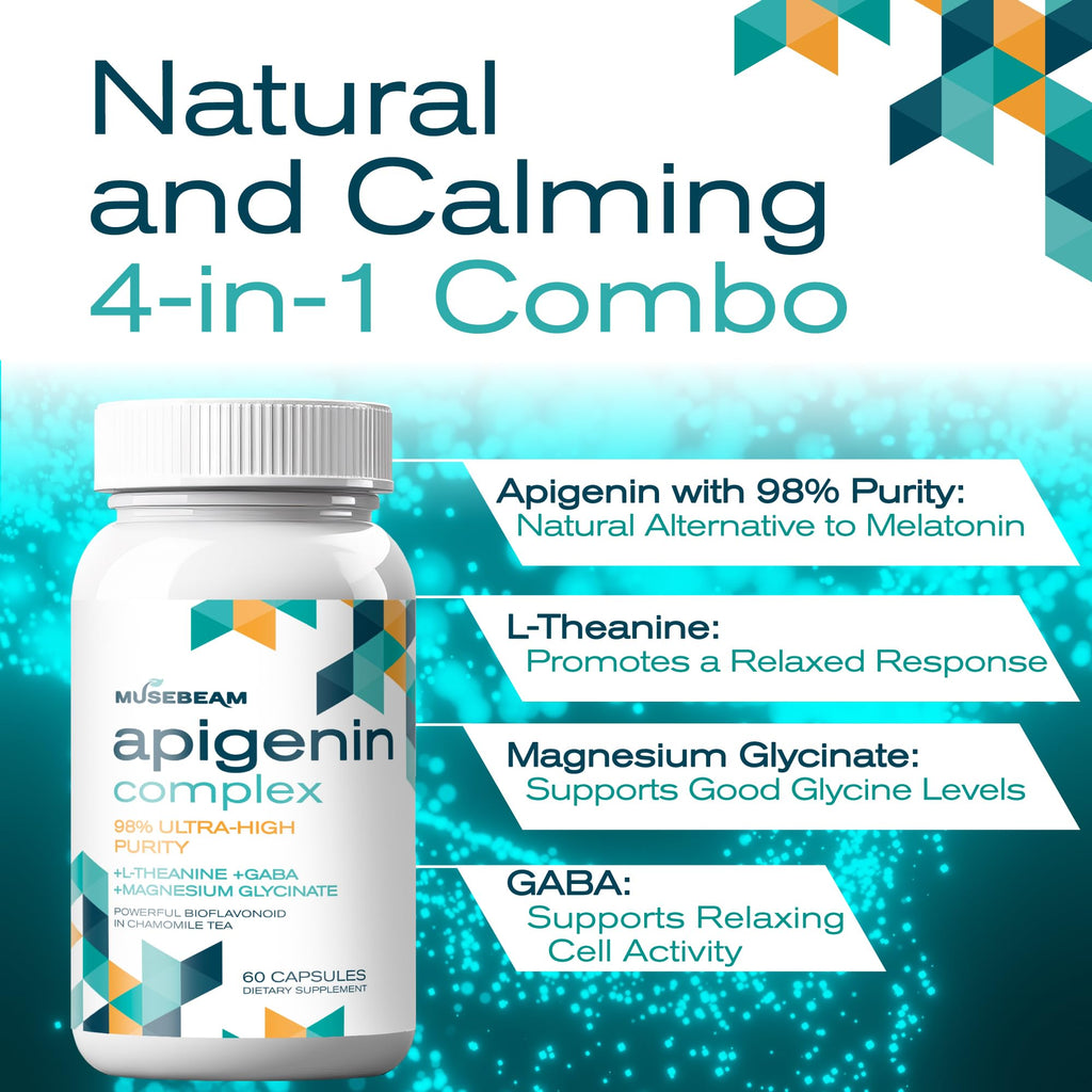 Musebeam Apigenin Supplement for Rest and Relaxation Support - 50mg Apigenin per Capsule with Magnesium Glycinate 275mg, L-Theanine 100mg, GABA 100mg - 98% Ultra-High Purity