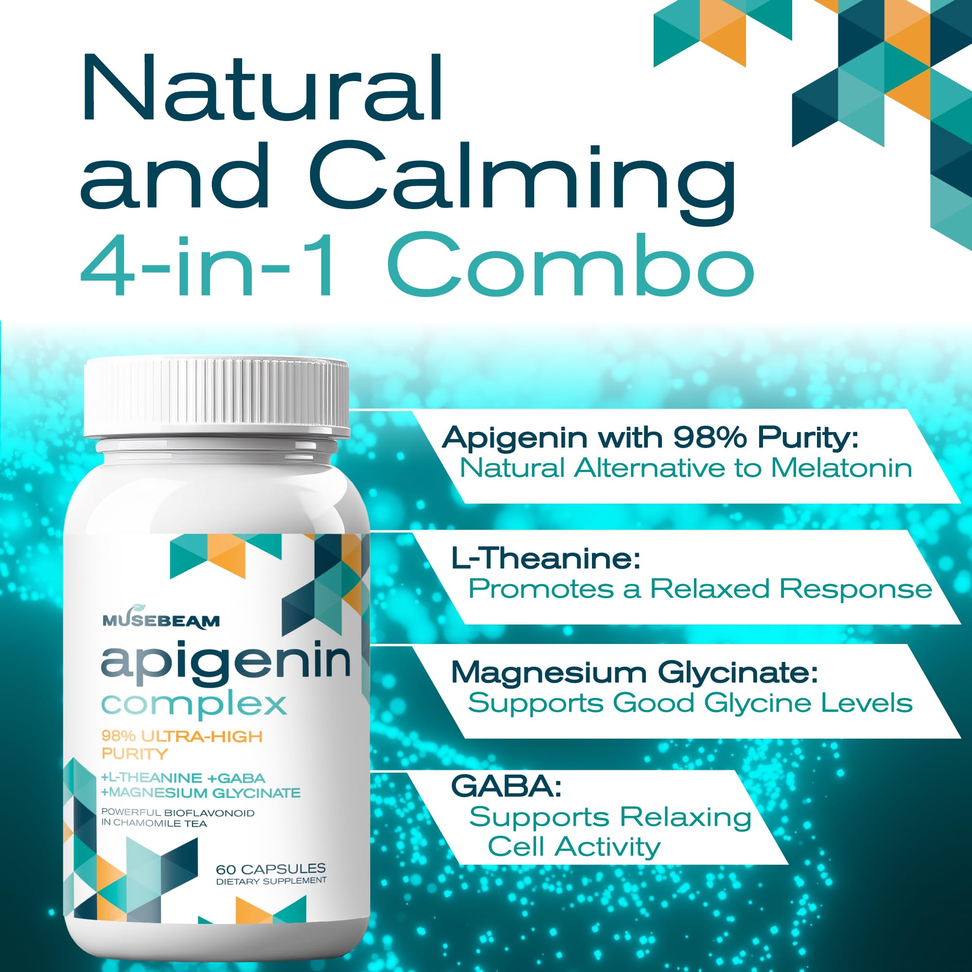 Musebeam Apigenin Supplement for Rest and Relaxation Support - 50mg Apigenin per Capsule with Magnesium Glycinate 275mg, L-Theanine 100mg, GABA 100mg - 98% Ultra-High Purity