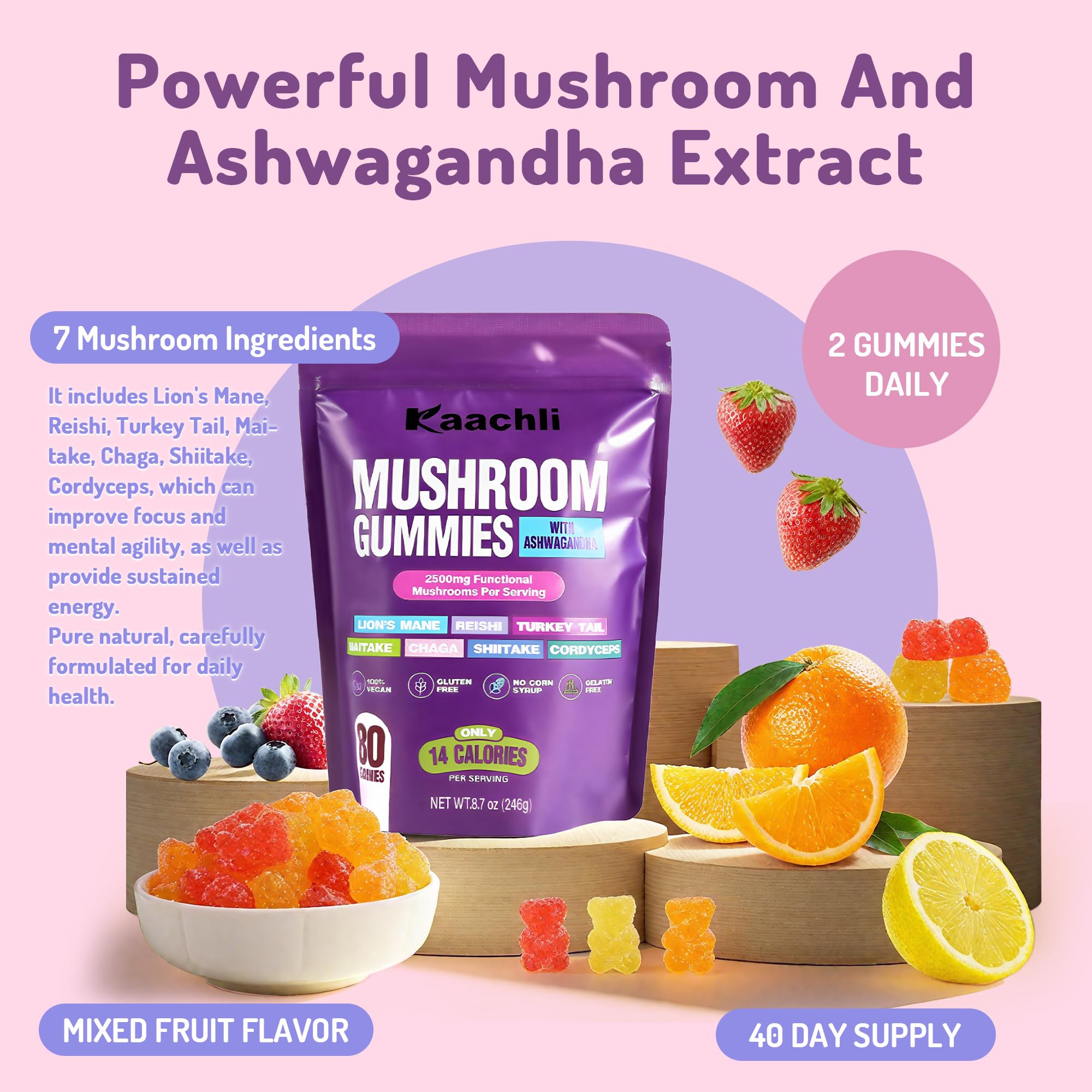 KAACHLI Ashwagandha & 8 Mushroom Blend Gummies 500mg | Focus, Energy & Cognitive Boost – 80 Count