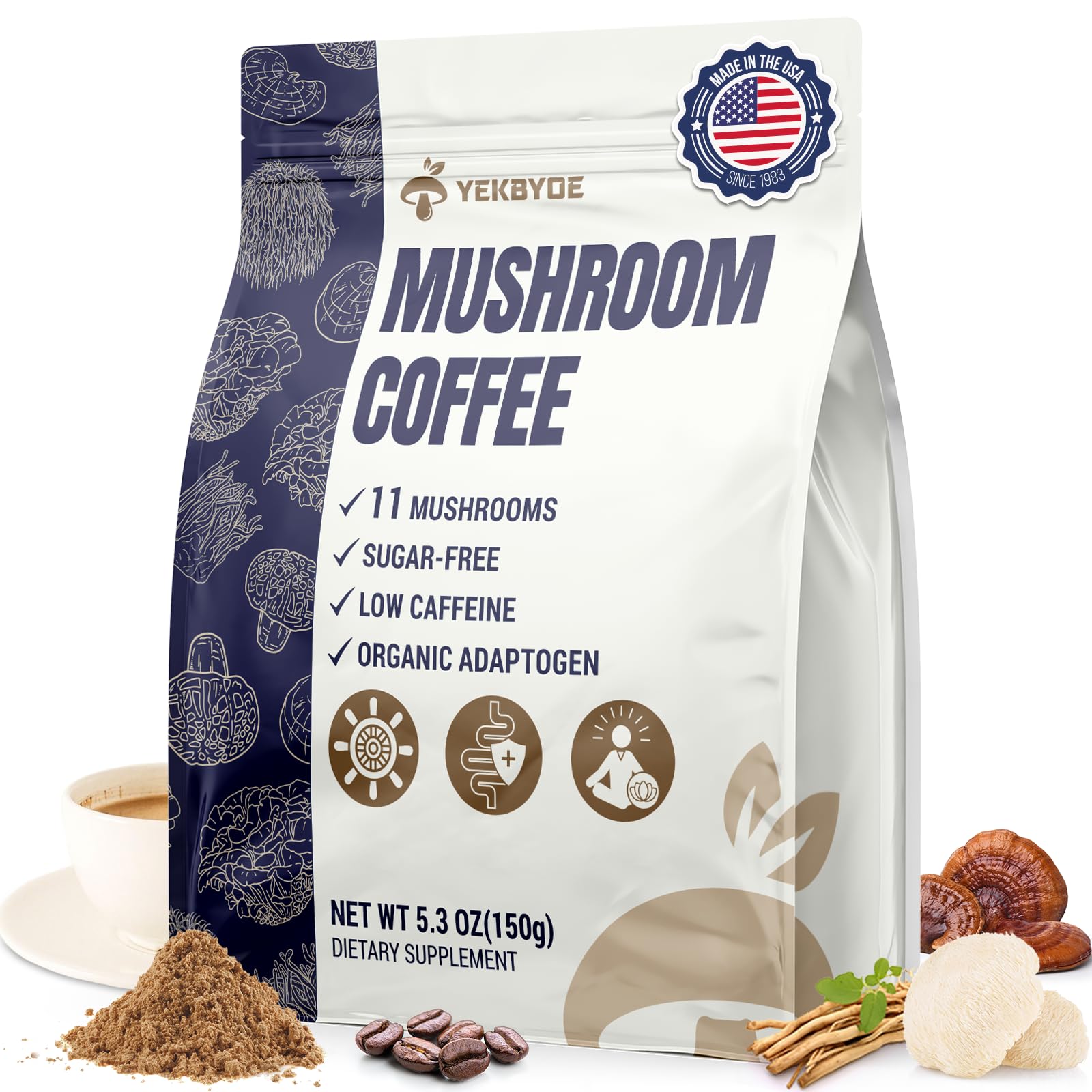 Mushroom Coffee – 11 Superfood Mushrooms with Lion’s Mane, Reishi, Chaga & Ashwagandha | Organic Instant Coffee, Low Caffeine & Sugar Free (5.3oz)