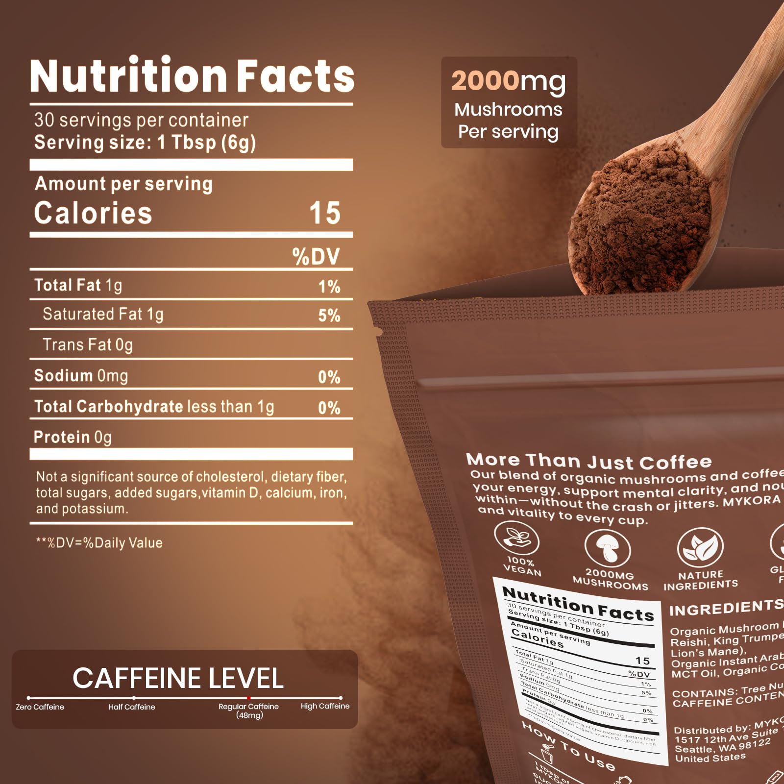 Mushroom Coffee 2000mg – Organic Instant Coffee with 6 Adaptogenic Mushrooms (Lion’s Mane & Turkey Tail), 30 Servings