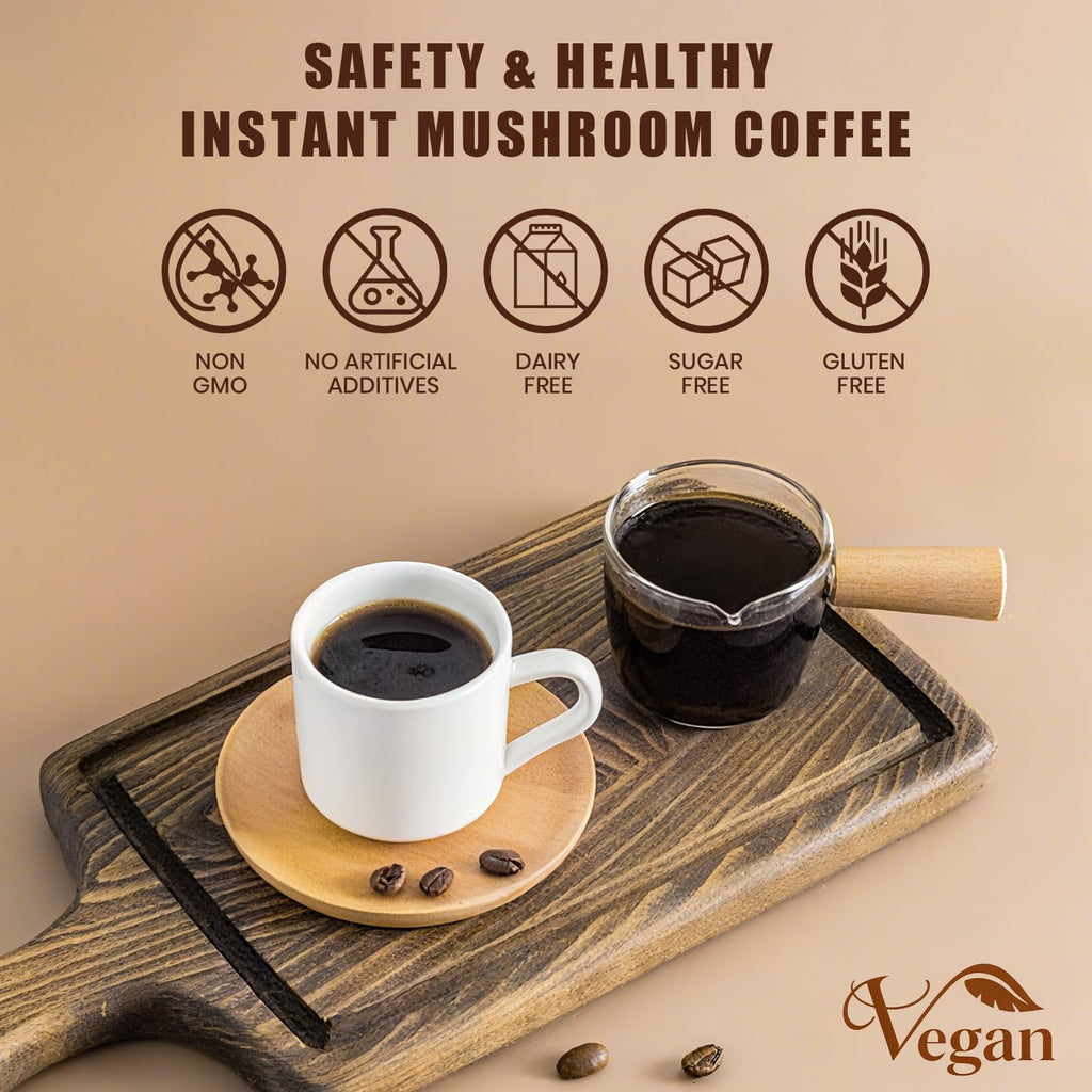 Mushroom Coffee 2000mg – Organic Instant Coffee with 6 Adaptogenic Mushrooms (Lion’s Mane & Turkey Tail), 30 Servings