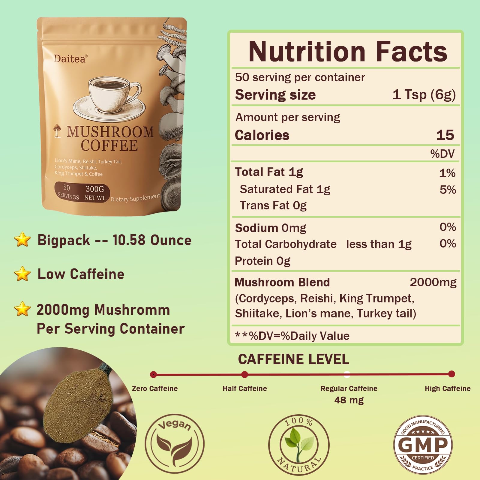 Mushroom Coffee – Adaptogenic Blend with Lion’s Mane, Reishi, Cordyceps, Shiitake, Turkey Tail & King Trumpet | 10.58 oz | 50 Servings
