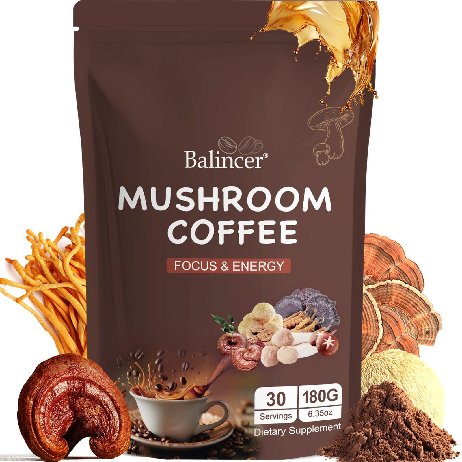 Mushroom Coffee with 6 Adaptogenic Mushrooms – Focus, Energy, Immunity & Gut Health (30 Servings)