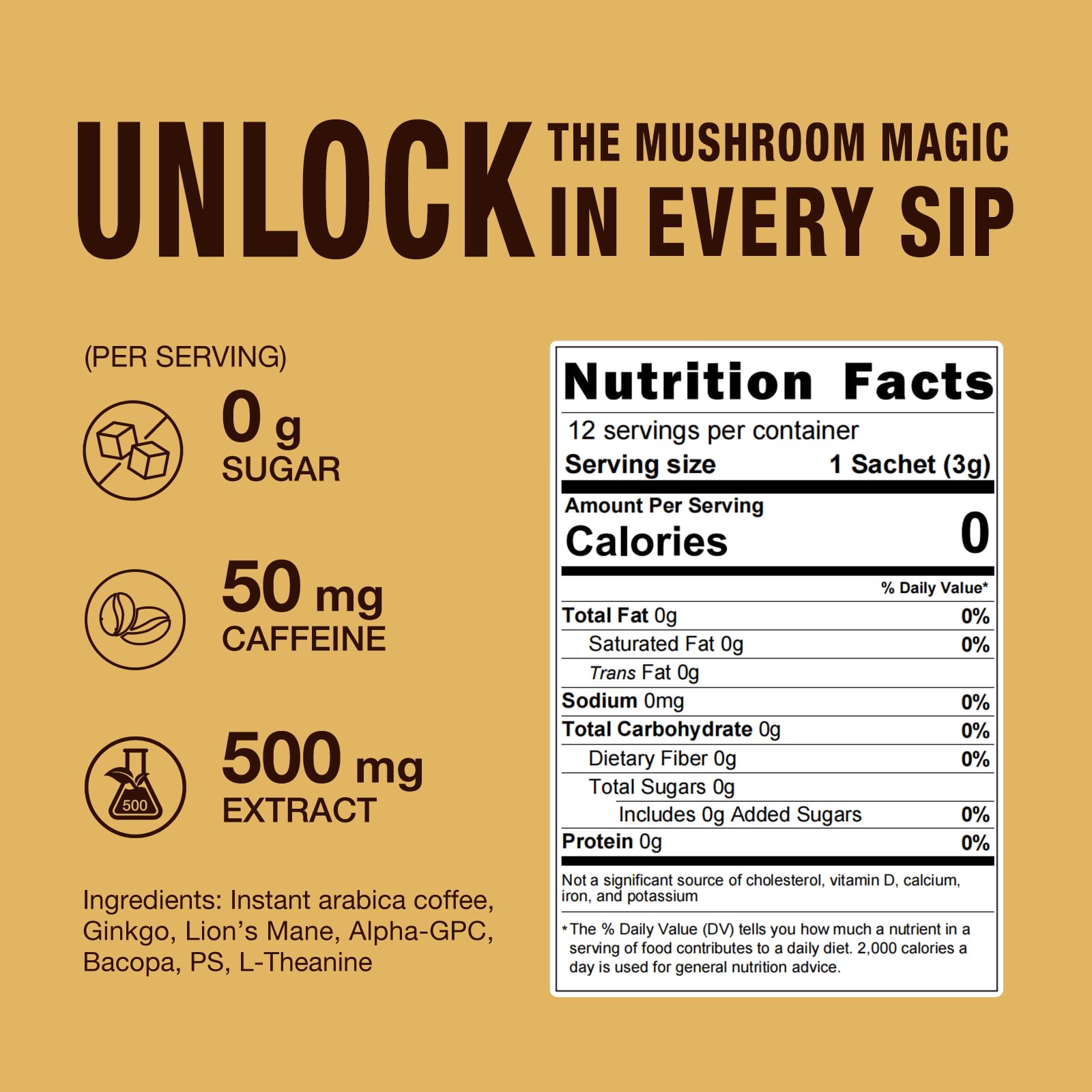 Mushroom Coffee Mix 7 in 1, with Ginkgo, Lions Mane, Alpha-GPC, Bacopa, PS, L-Theanine – 12 Sachets