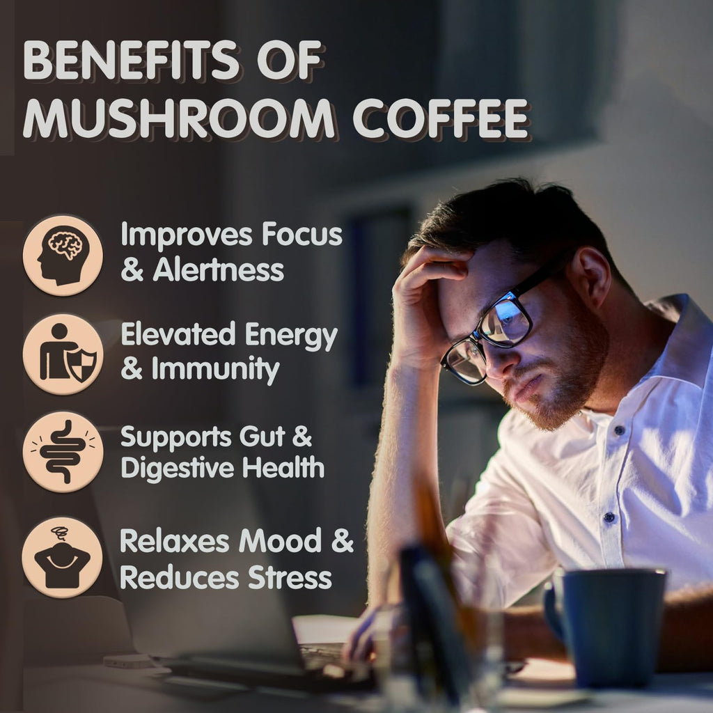 Mushroom Coffee with 6 Adaptogenic Mushrooms – Focus, Energy, Immunity & Gut Health (30 Servings)