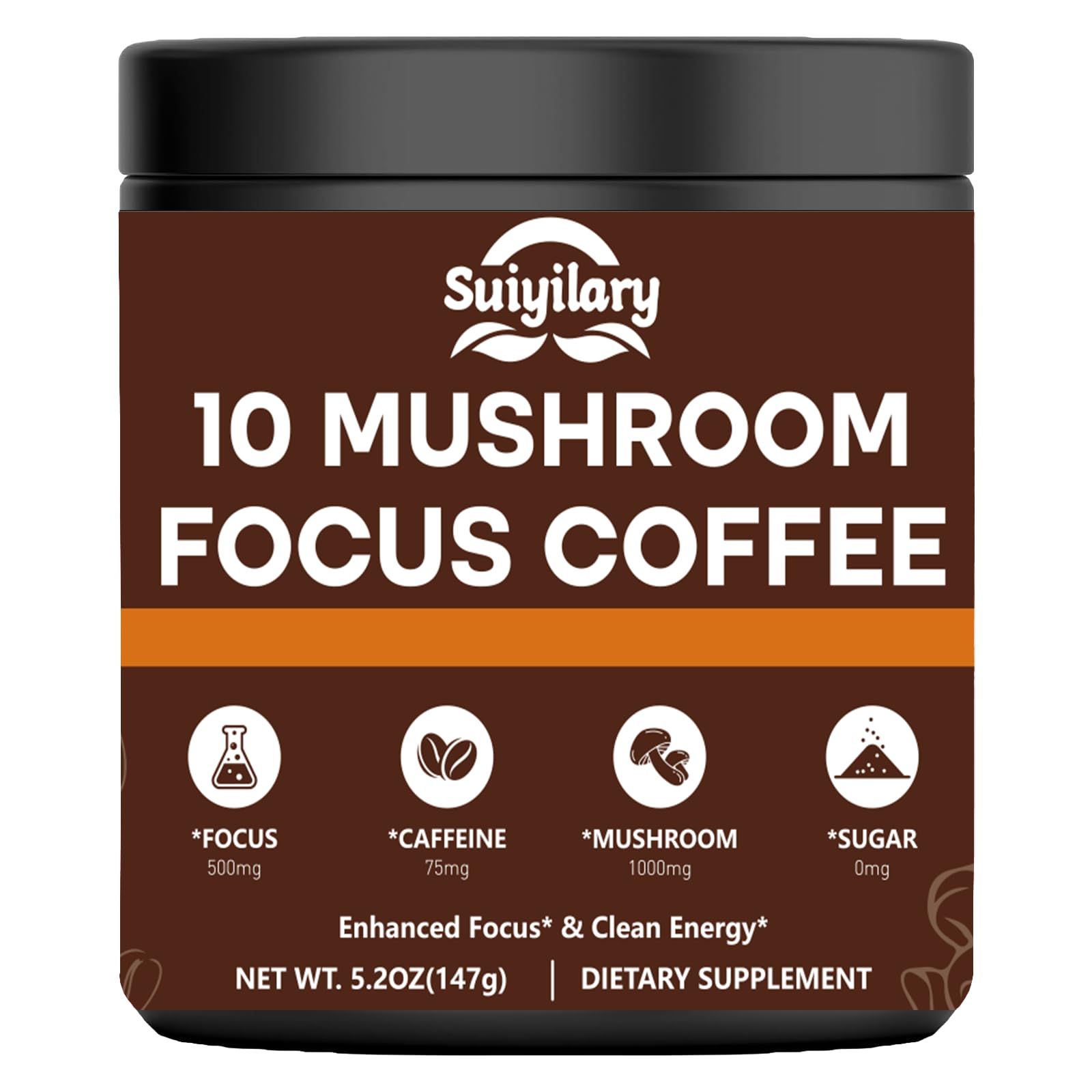 Mushroom Coffee with Focus - 10-Mushroom Extract Blend (147g, 21 Servings) | Lion's Mane