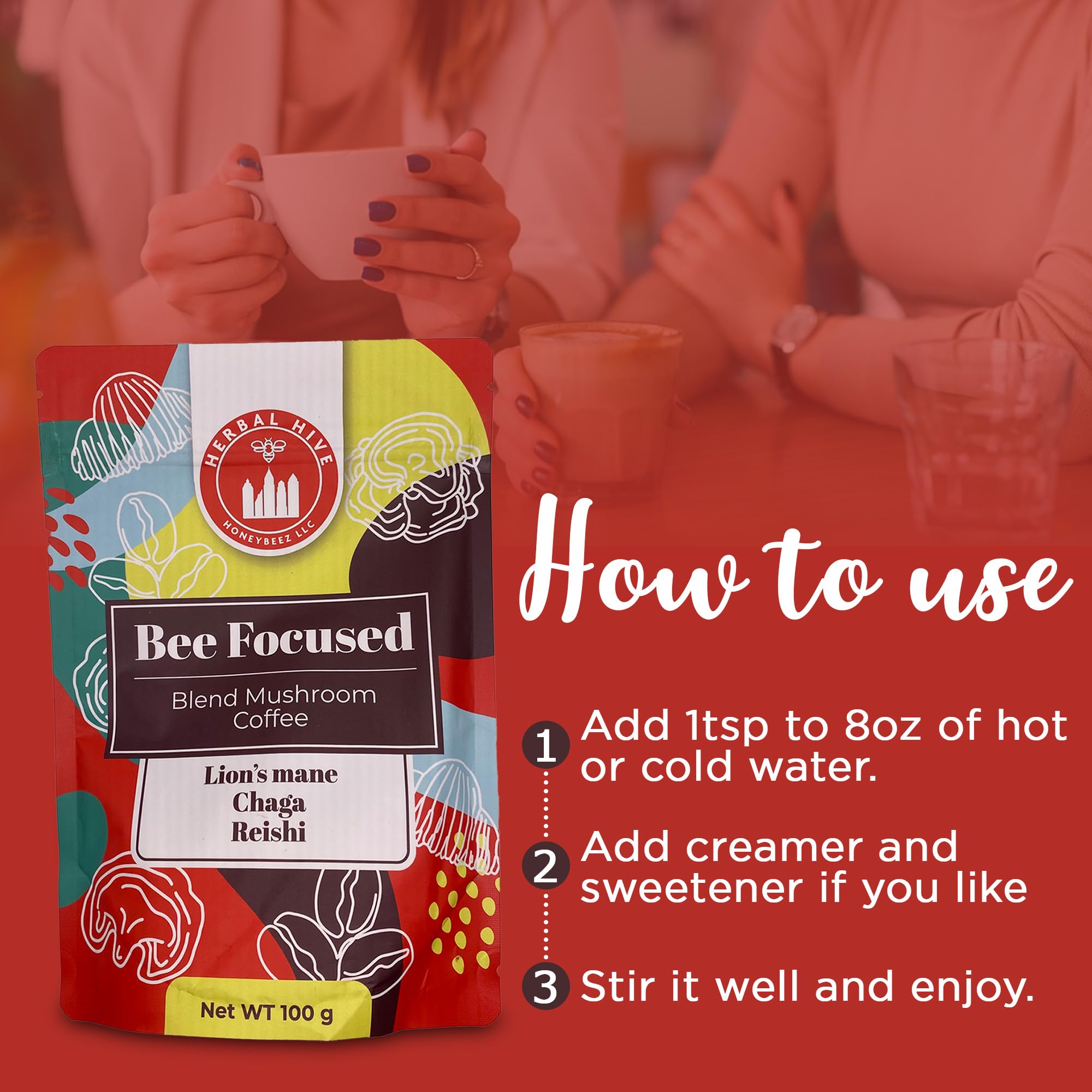 Mushroom Coffee with Adaptogens – Herbal Hive Bee Focused (Reishi, Lion's Mane, Chaga)