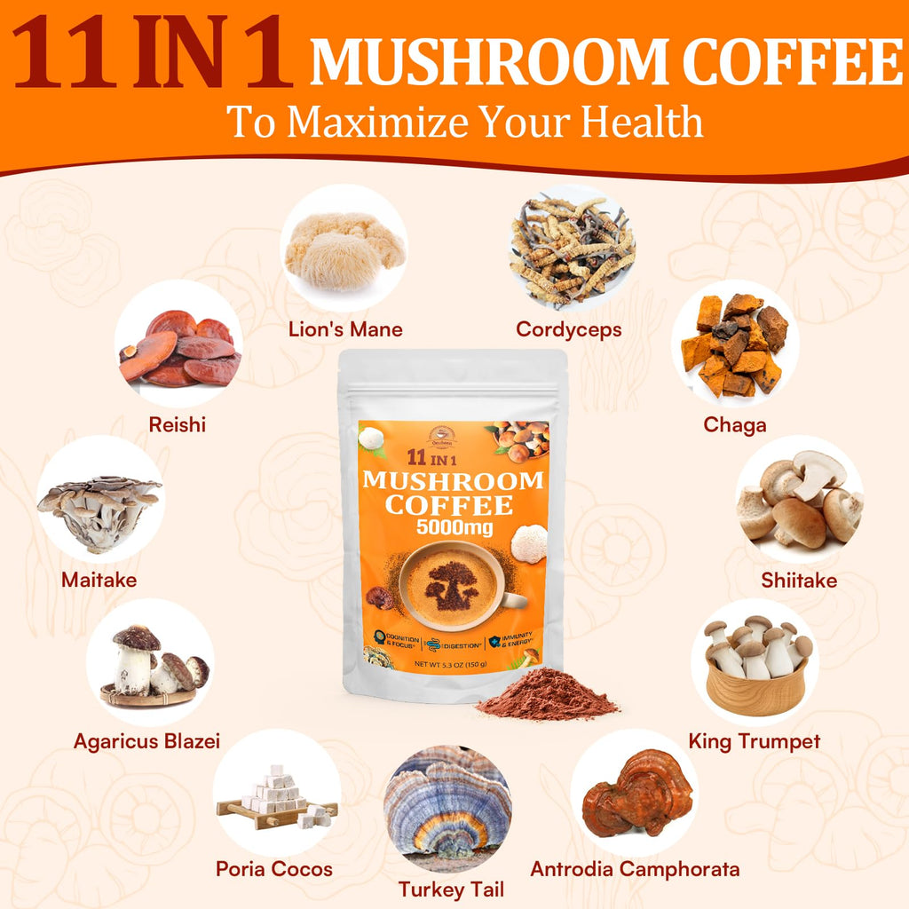Organic Mushroom Coffee — 11 Superfood Mushrooms (Lion’s Mane, Reishi, Chaga) 5.3oz
