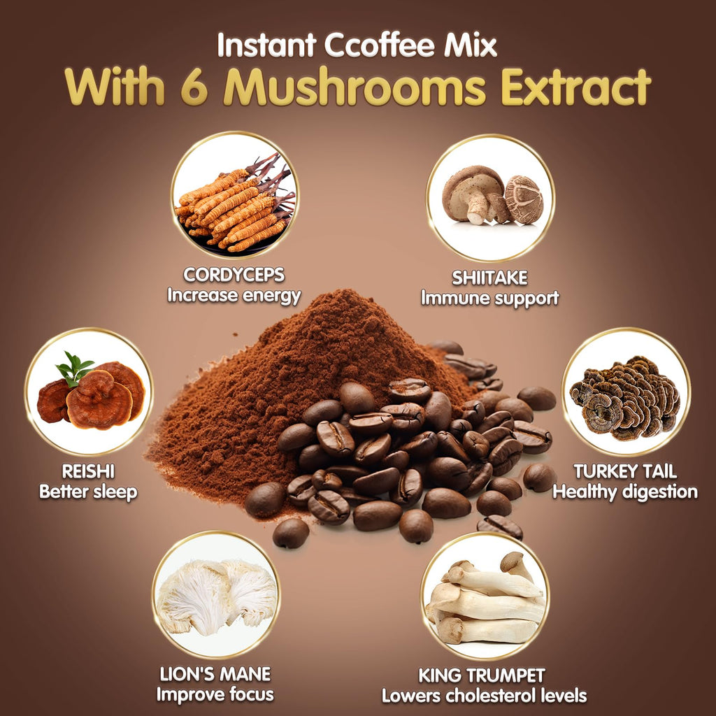 Mushroom Coffee with 6 Adaptogenic Mushrooms – Focus, Energy, Immunity & Gut Health (30 Servings)