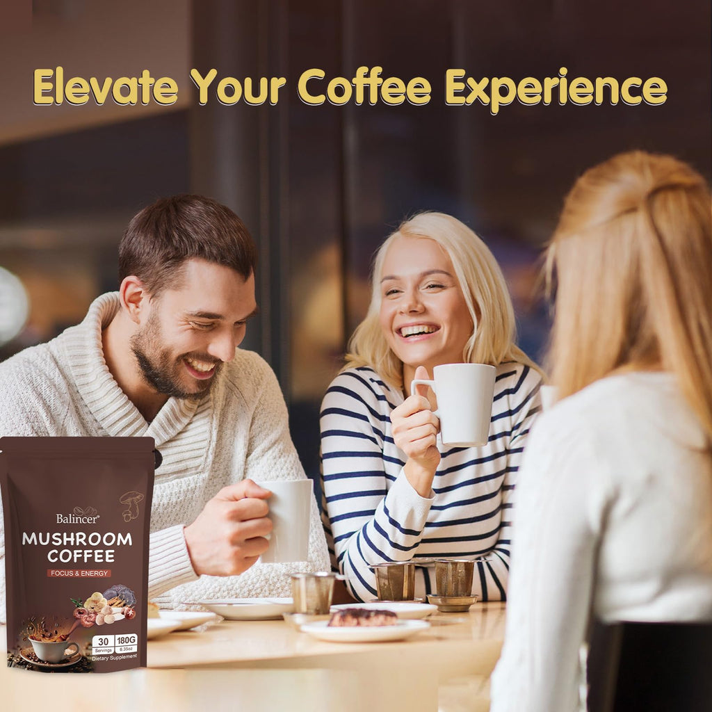 Mushroom Coffee with 6 Adaptogenic Mushrooms – Focus, Energy, Immunity & Gut Health (30 Servings)
