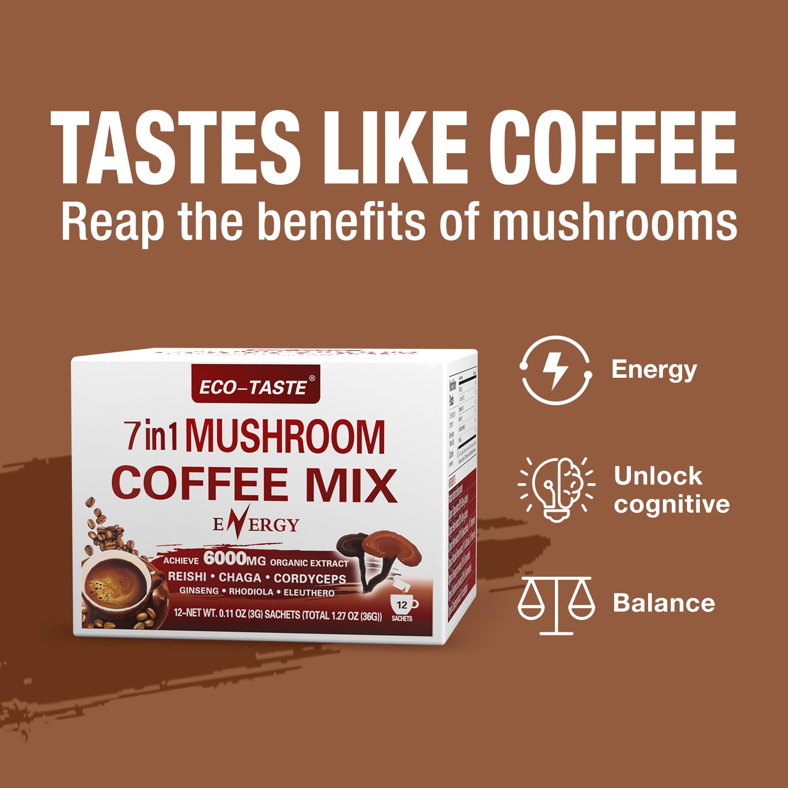 Mushroom Coffee Mix 7 in 1 for Energy — Reishi, Cordyceps, Chaga, Rhodiola, Ginseng, Eleuthero (12 Sachets)