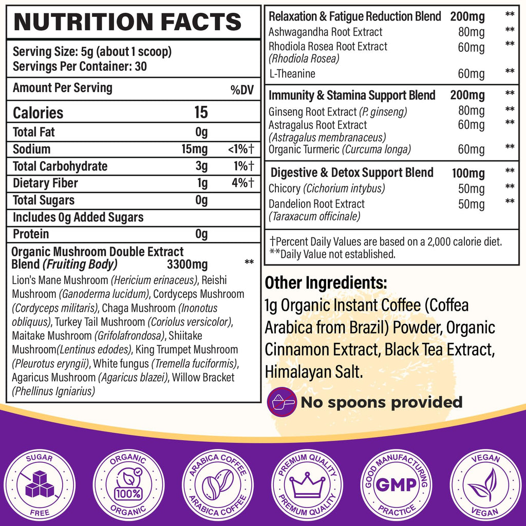 Organic Mushroom Coffee with 11 Mushrooms + 8 Adaptogens - Gluten Free, 30 Servings