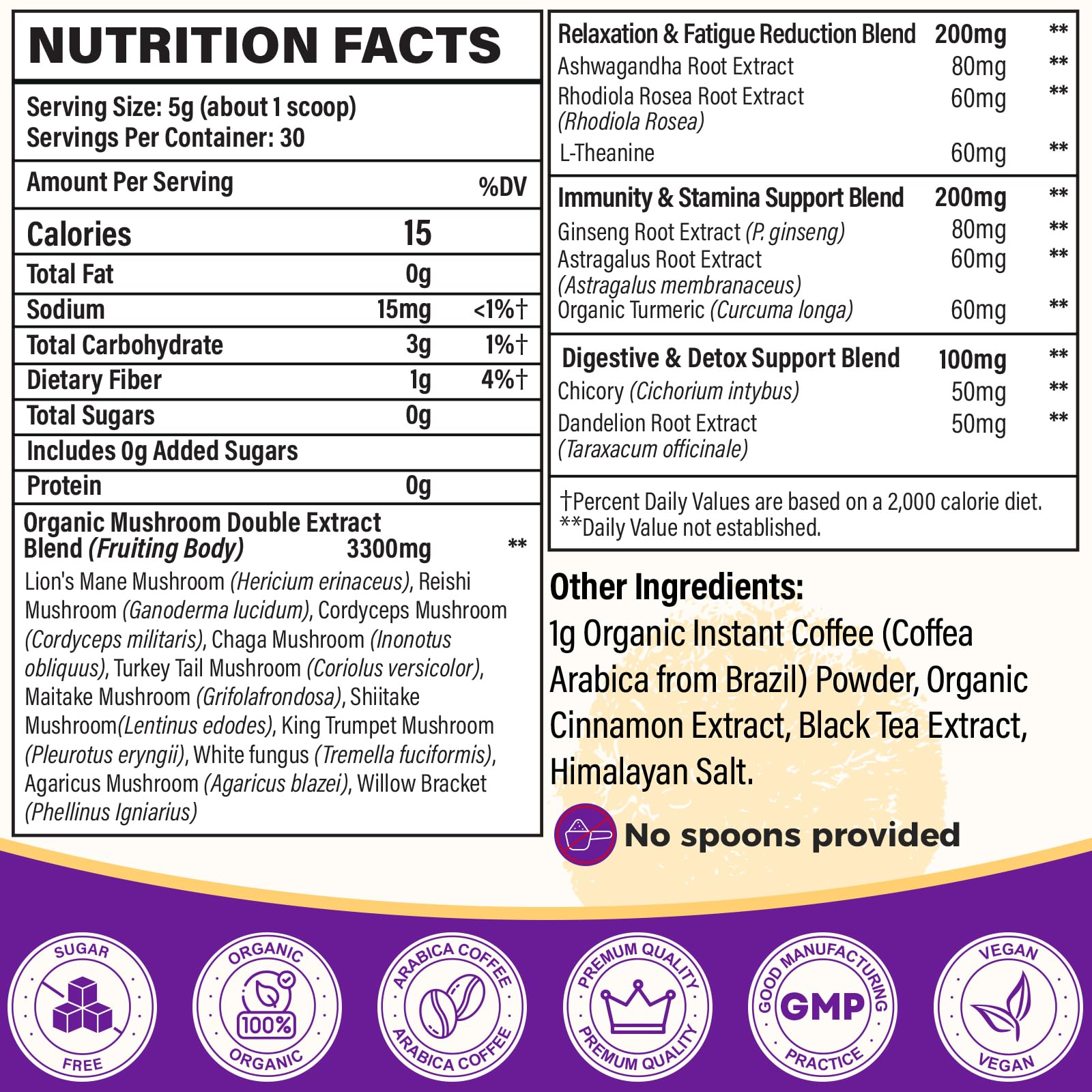 Organic Mushroom Coffee with 11 Mushrooms + 8 Adaptogens - Gluten Free, 30 Servings