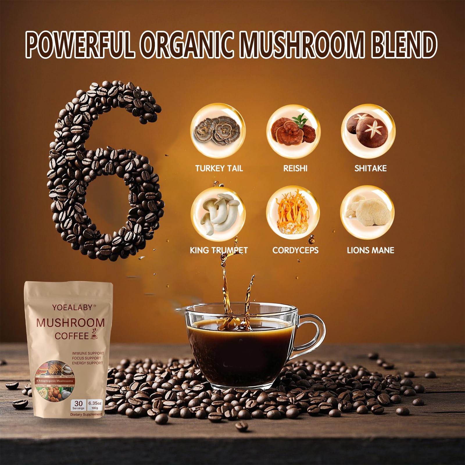 Mushroom Coffee Blend: 6 Adaptogenic Mushrooms + MCT Oil - 180g