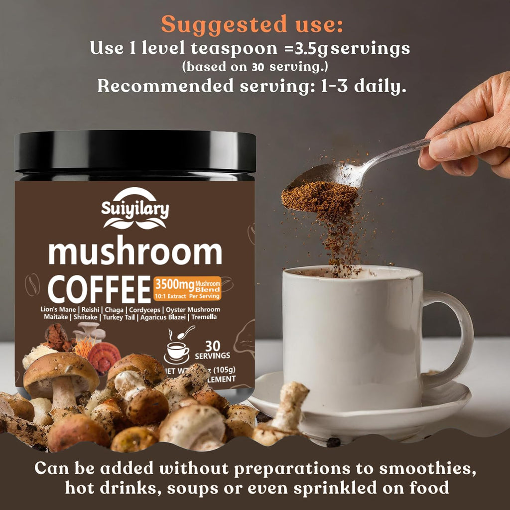 10 Mushroom Coffee with Arabica w, Lion's Mane, Reishi, Mushroom Polysaccharides & More, 3500mg(10:1) Extract Instant Mushrooms Powder for Focus, Immunity Boost, Memory & Clarity - 30 Servings