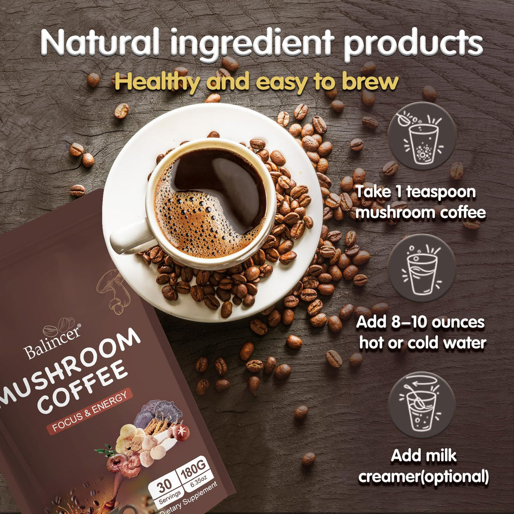 Mushroom Coffee with 6 Adaptogenic Mushrooms – Focus, Energy, Immunity & Gut Health (30 Servings)