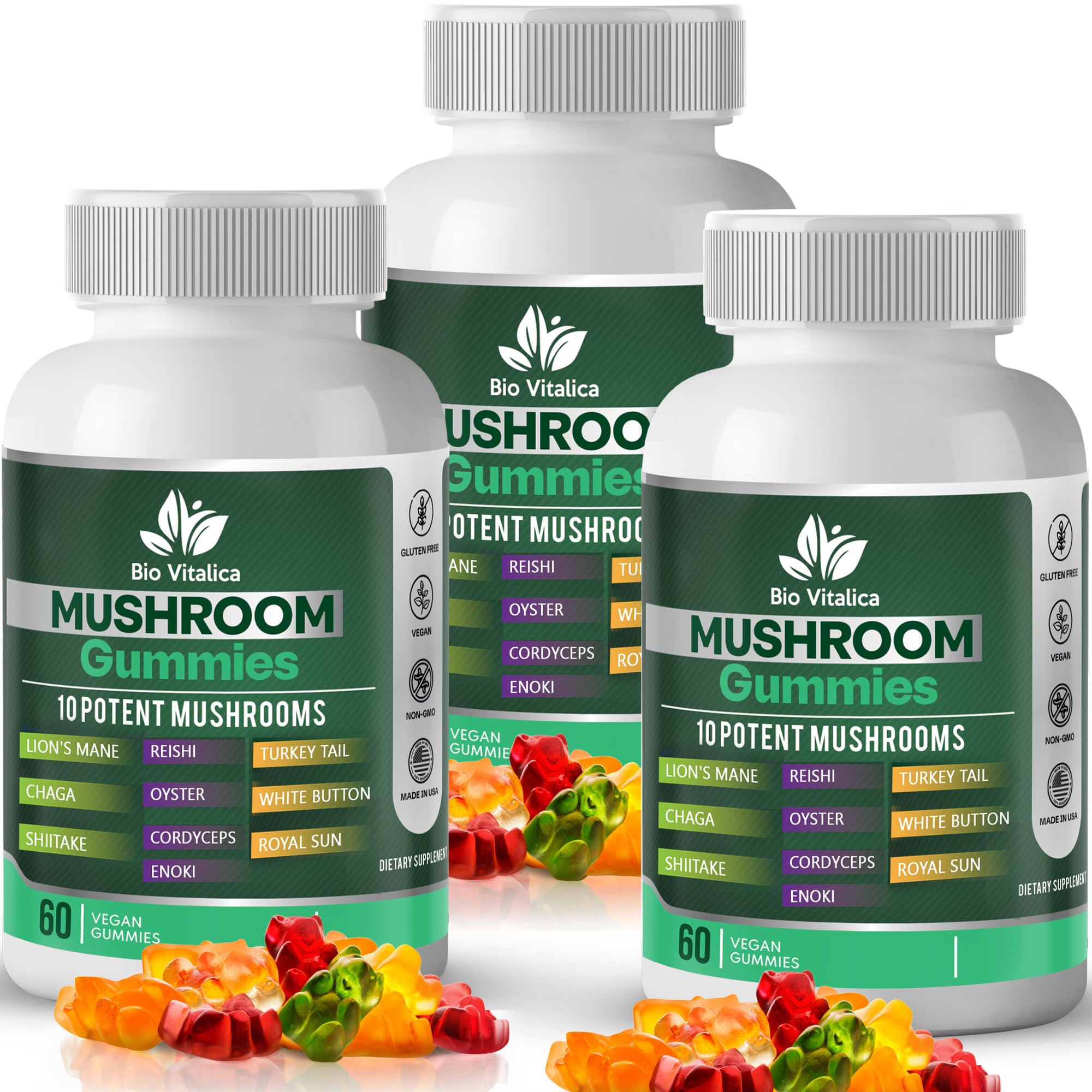 Mushroom Gummies – 10-Mushroom Complex (Lion’s Mane, Reishi, Chaga) – Fruity Vegan, Non-GMO, Gluten-Free – 3 Packs