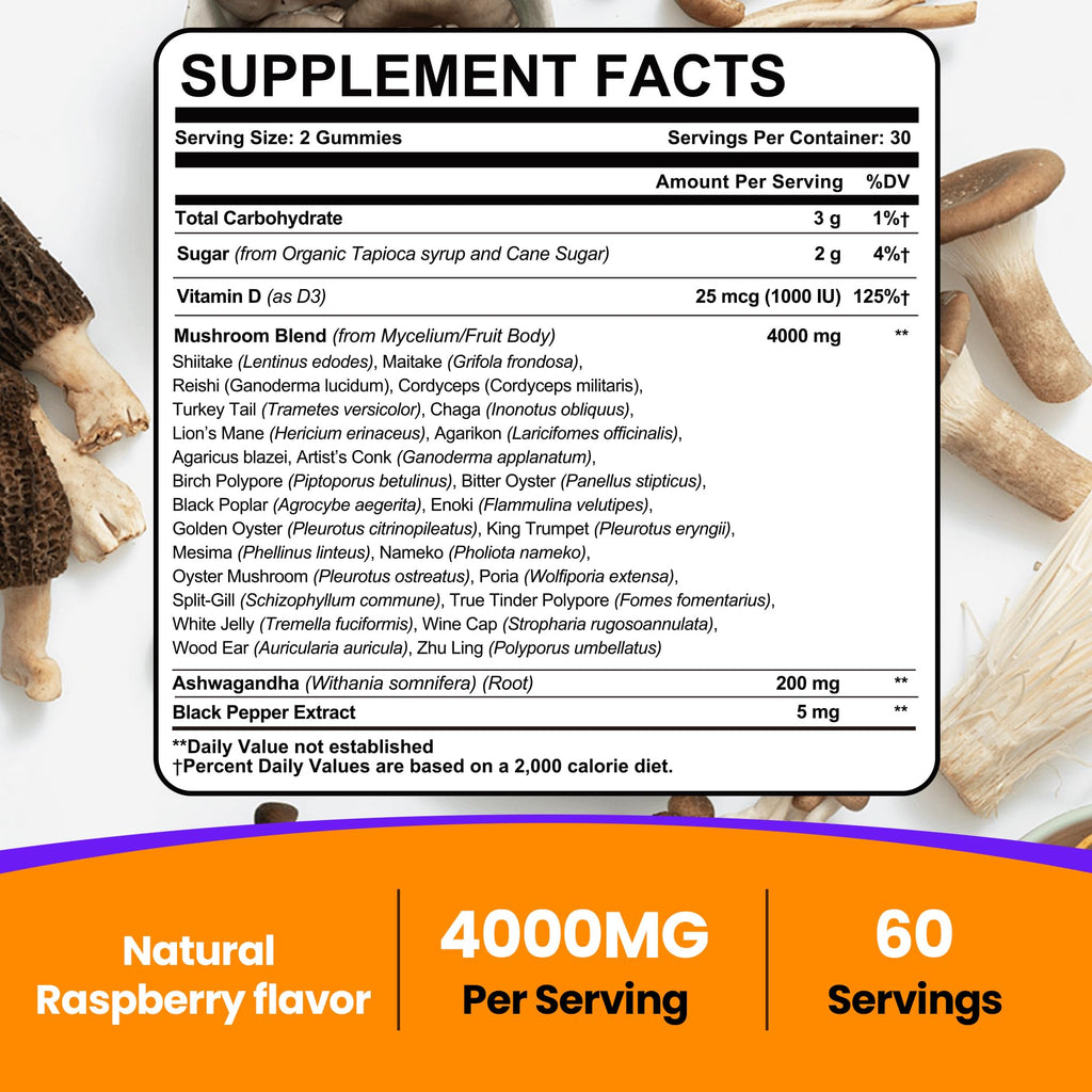 Mushroom Gummies for Adults 4000mg – 26-in-1 Brain Support with Ashwagandha & Lion's Mane