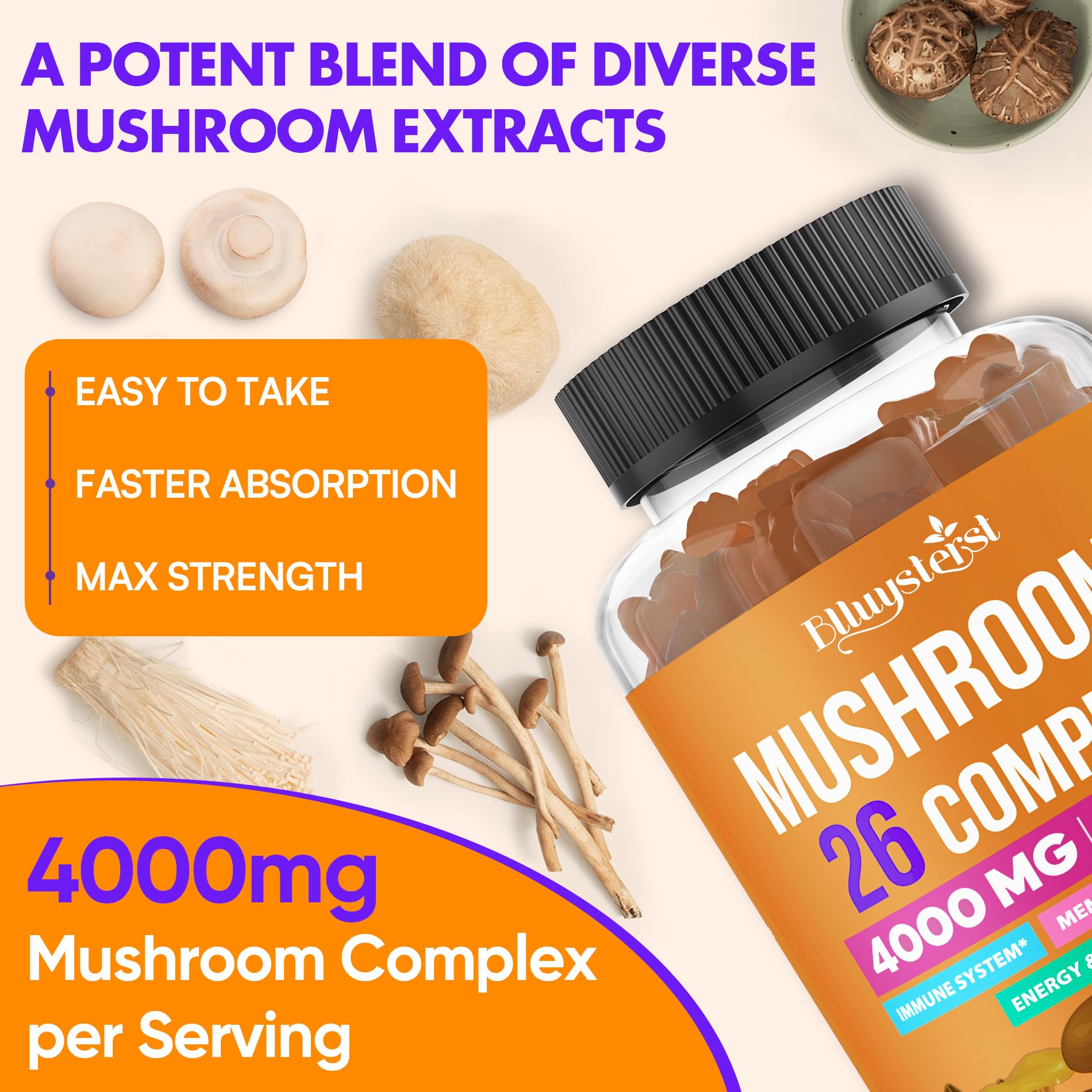 Mushroom Gummies for Adults 4000mg – 26-in-1 Brain Support with Ashwagandha & Lion's Mane