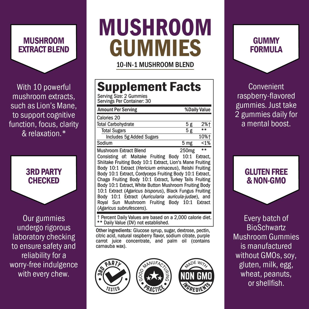 Mushroom Gummies for Adults – 10-in-1 Mood & Focus (60 Count) – Lions Mane & Turkey Tail