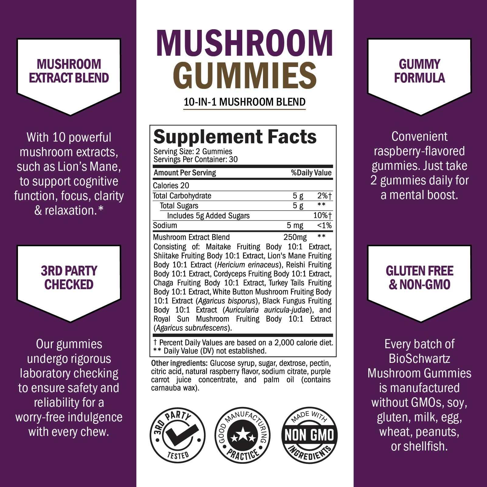 Mushroom Gummies for Adults – 10-in-1 Mood & Focus (60 Count) – Lions Mane & Turkey Tail