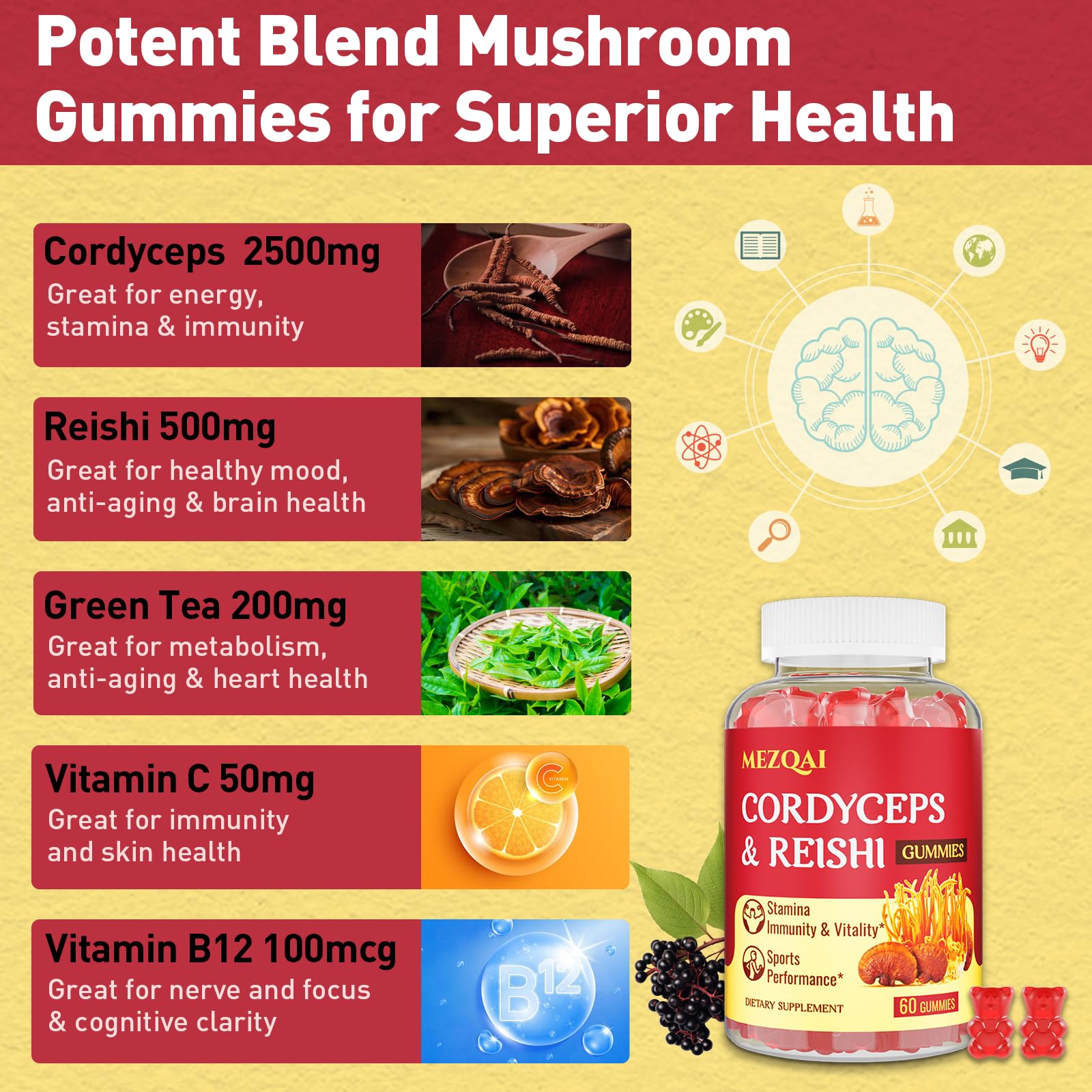 Mushroom Gummies with Cordyceps & Reishi – Brain, Energy, Focus, Immunity & Rest (60 Count)