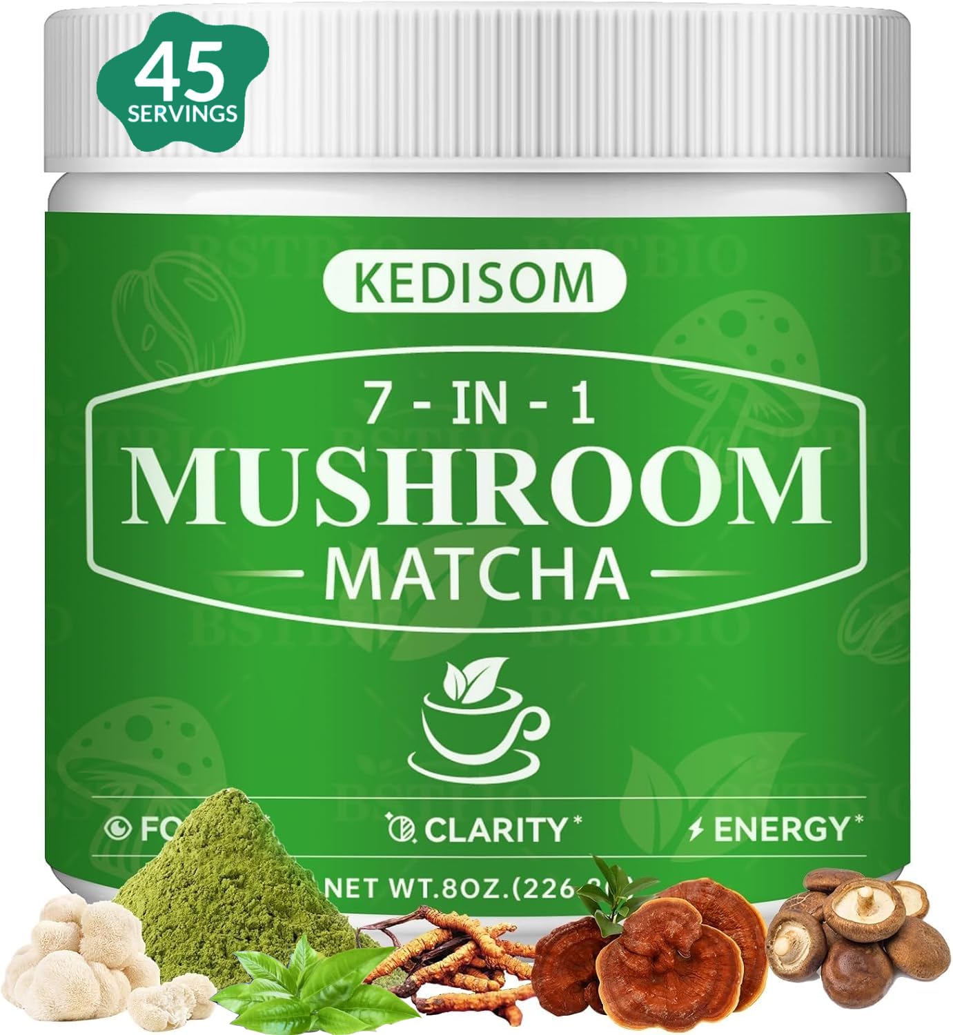 Mushroom Matcha Adaptogenic Blend – 7 Mushrooms + Ceremonial Grade Matcha, 45 Servings