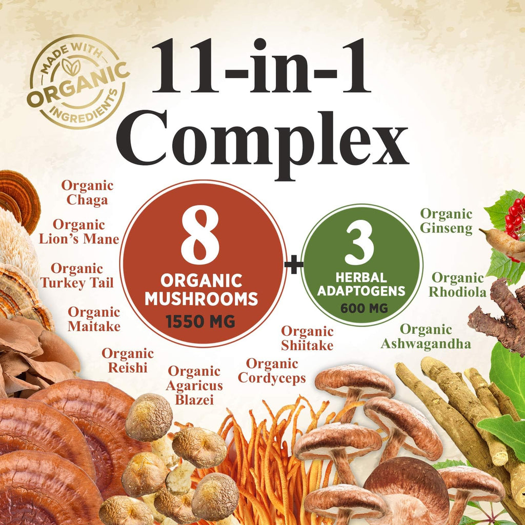 Mushroom Powder 2200mg – 11-in-1 Organic Lion's Mane, Reishi, Cordyceps | 60 Servings