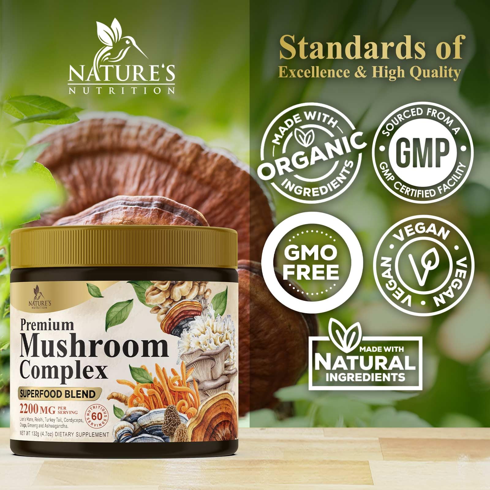 Mushroom Powder 2200mg – 11-in-1 Organic Lion's Mane, Reishi, Cordyceps | 60 Servings