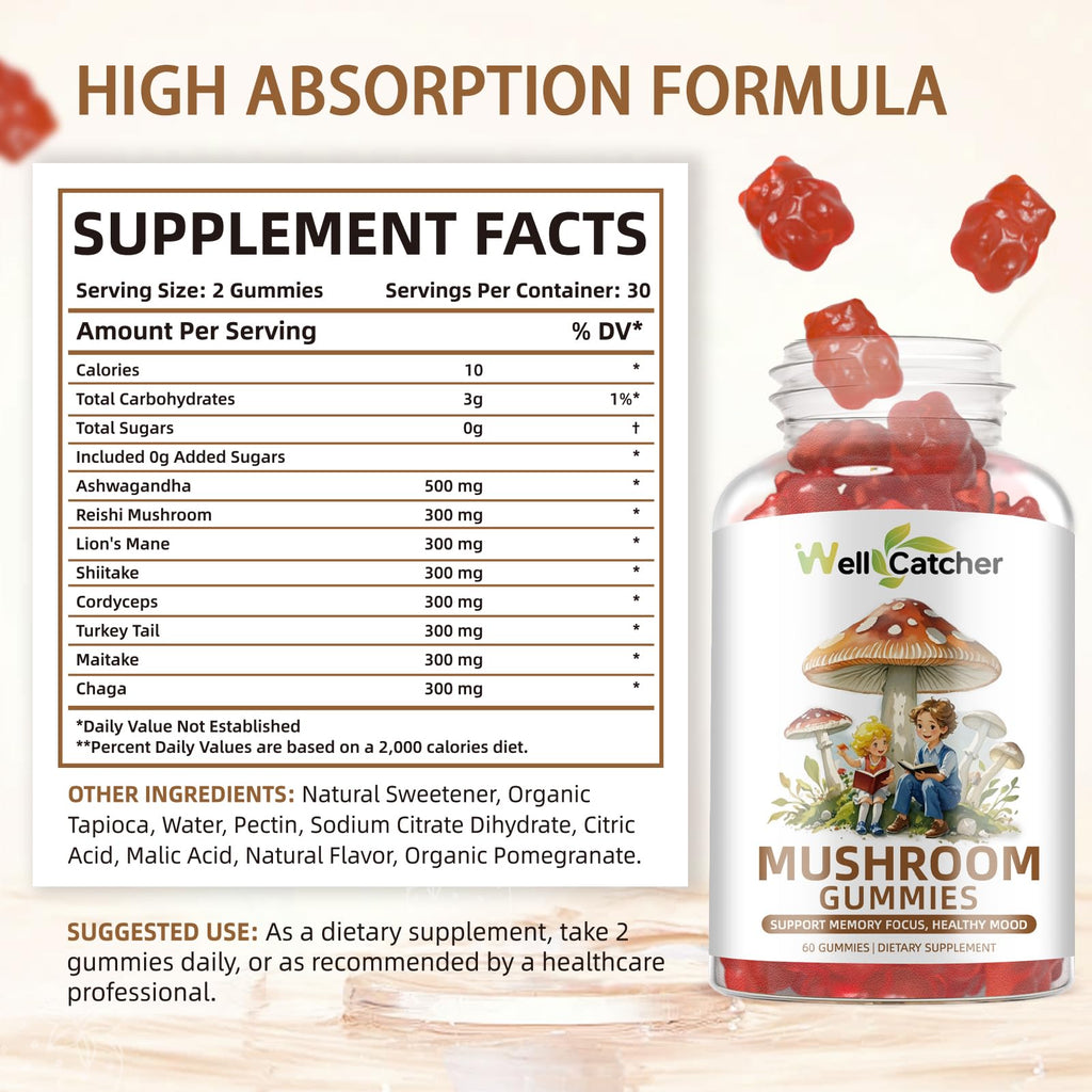 Mushroom Gummies with Ashwagandha – Lion's Mane & Cordyceps | Vegan 60ct