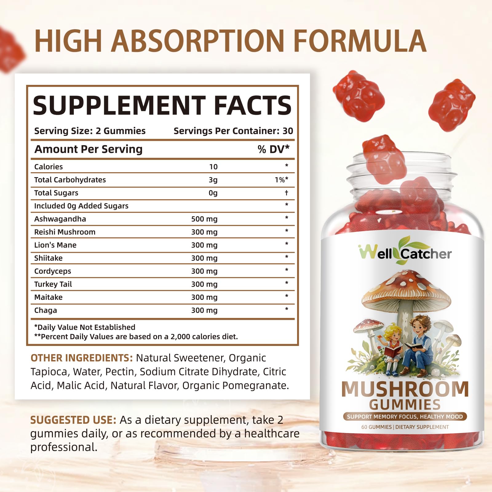 Mushroom Gummies with Ashwagandha – Lion's Mane & Cordyceps | Vegan 60ct