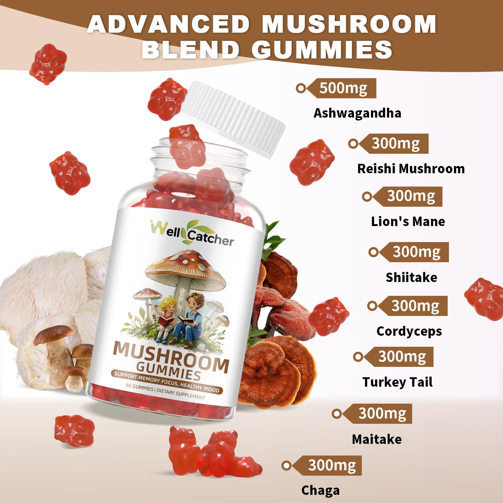 Mushroom Gummies with Ashwagandha – Lion's Mane & Cordyceps | Vegan 60ct