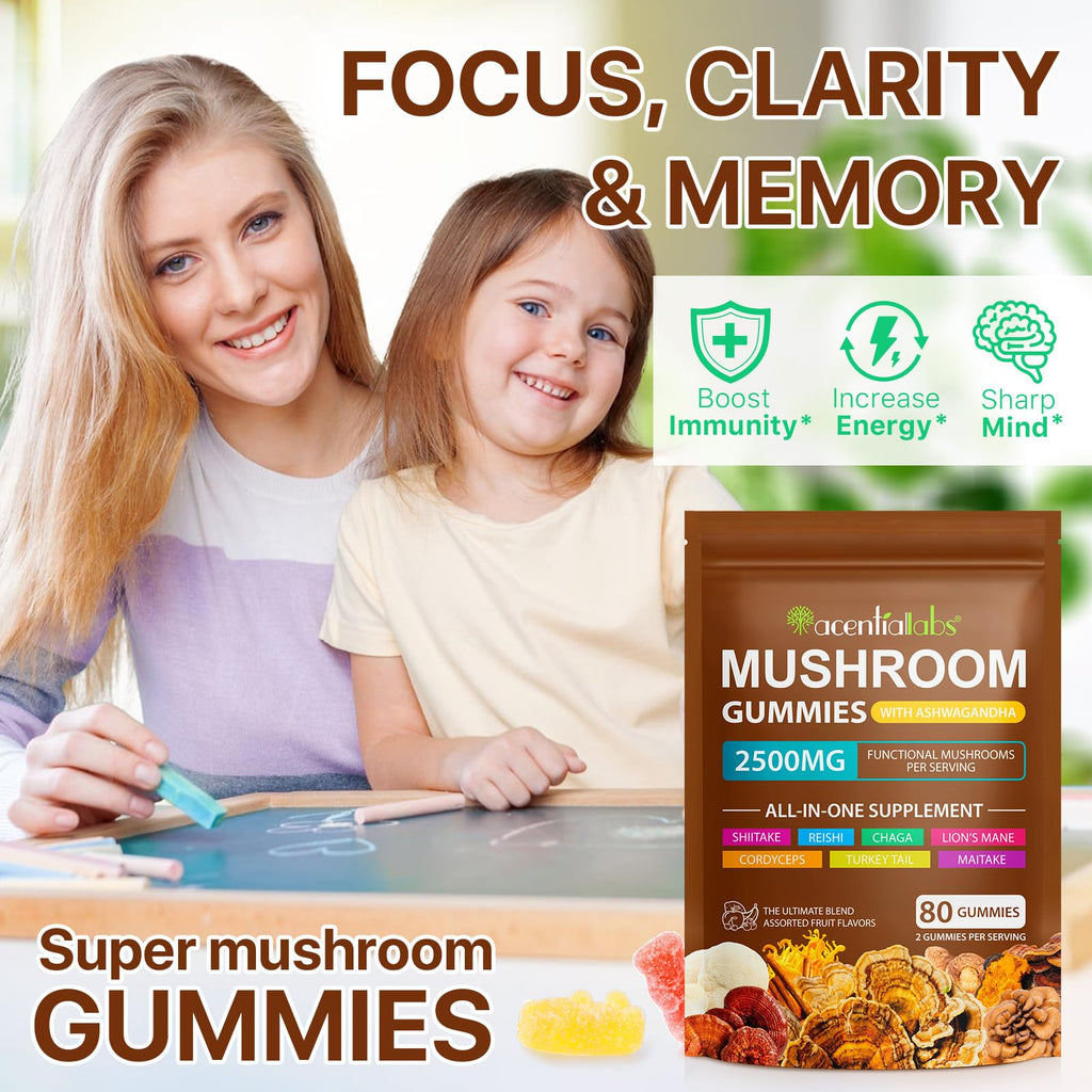 Mushroom Gummies for Adults — 10x Mushroom Supplement for Energy, Focus, Mood, Immune & Cognitive Support | Vegan, 80 Gummies