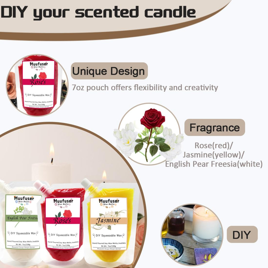 Muufuuser DIY Squeezable Soy Wax Candle — 7 oz, 55h Burn, 3 Scents (Jasmine, Rose, English Pear & Freesia)