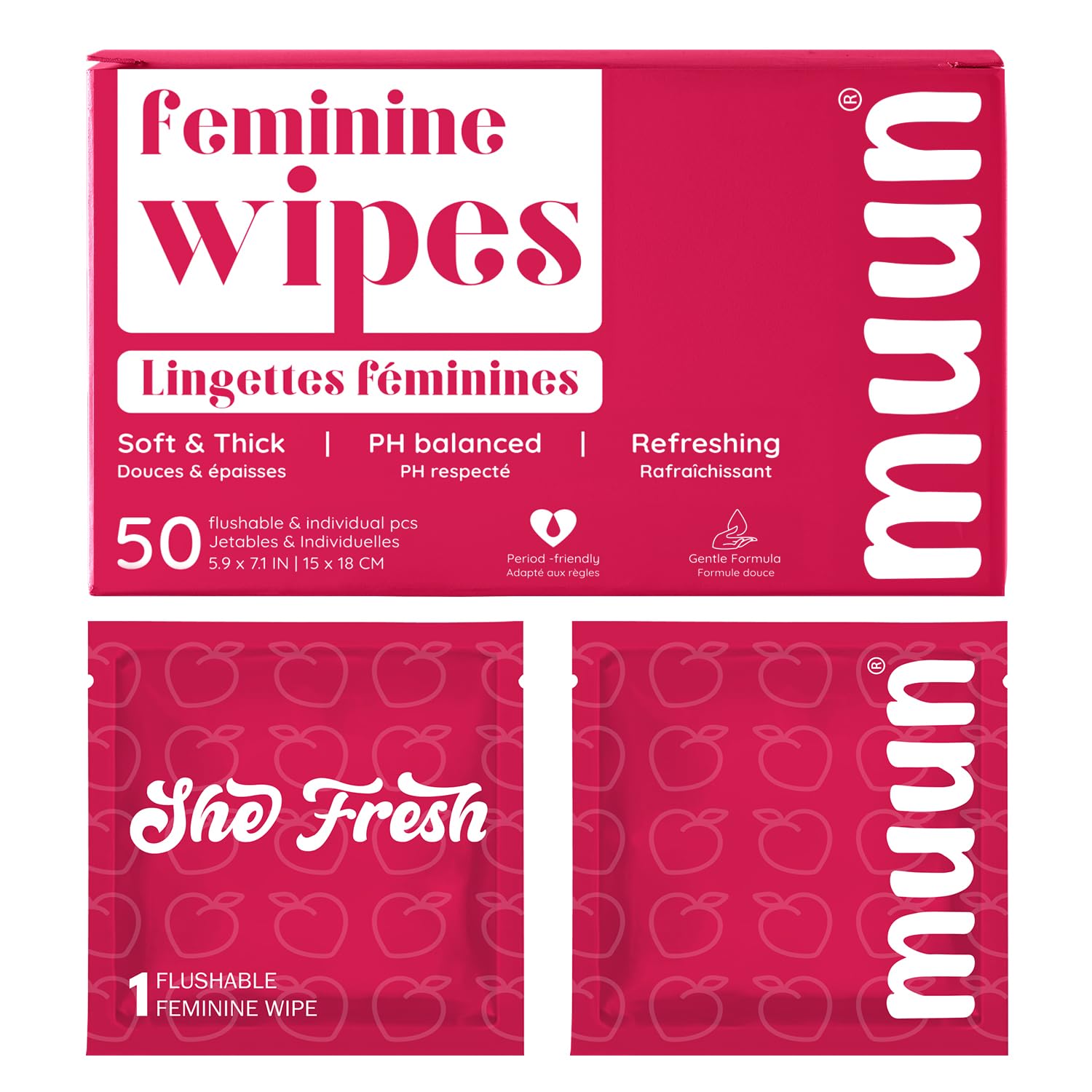 Muun Feminine Wipes Flushable — Gentle, pH-Balanced Personal Hygiene Wipes (50 Count)