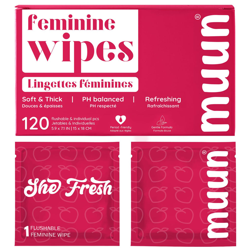 Muun Feminine Wipes Bulk — 120 Count, pH-Balanced, Vitamin E & Chamomile