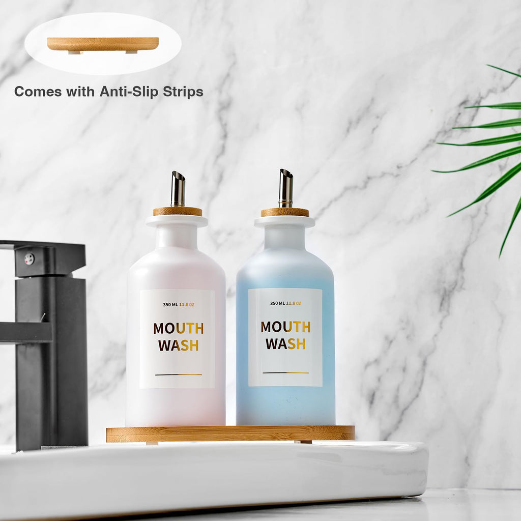 MUVEKA Glass Mouthwash Dispenser for Bathroom – 11.8oz, Stainless Steel Spouts, Bamboo Holder, Refillable Cups, Funnel, Golden Stickers