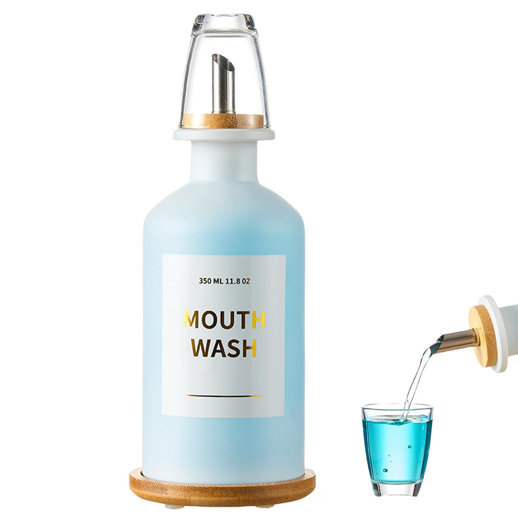 MUVEKA Glass Mouthwash Dispenser | 11.8oz, Bamboo Holder, Stainless Steel Spouts