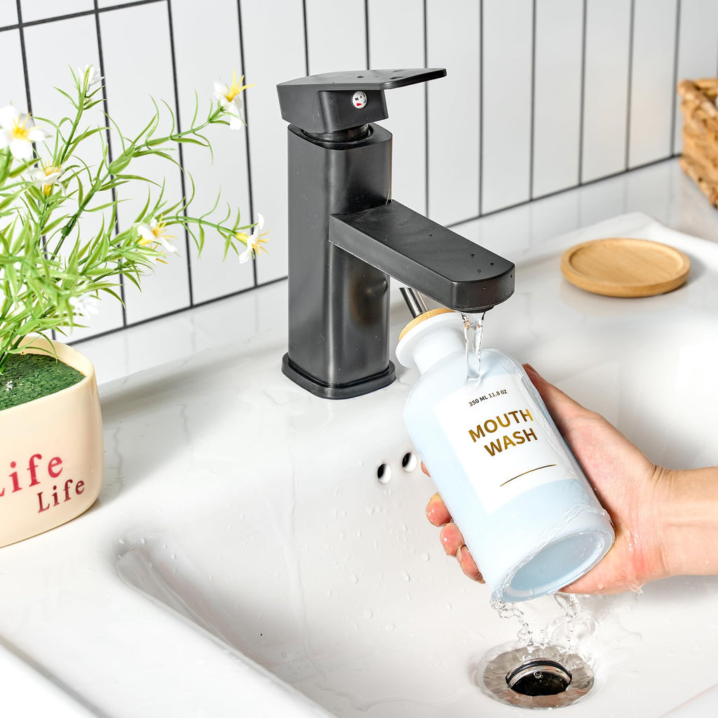 MUVEKA Glass Mouthwash Dispenser for Bathroom – 11.8oz, Stainless Steel Spouts, Bamboo Holder, Refillable Cups, Funnel, Golden Stickers