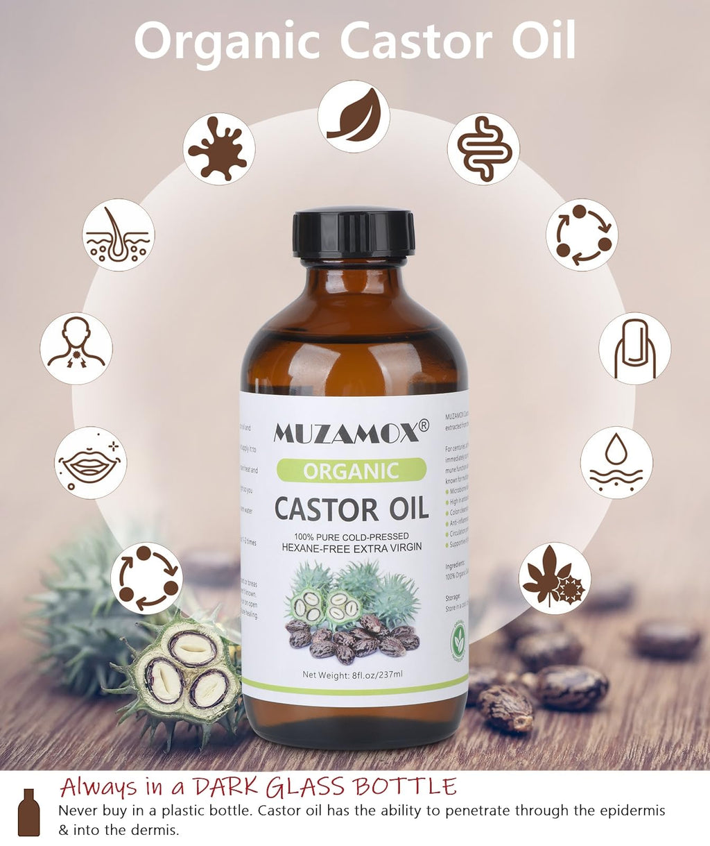 MUZAMOX Castor Oil Pack Set – 8oz Glass Bottle, Organic Cold-Pressed Oil Included
