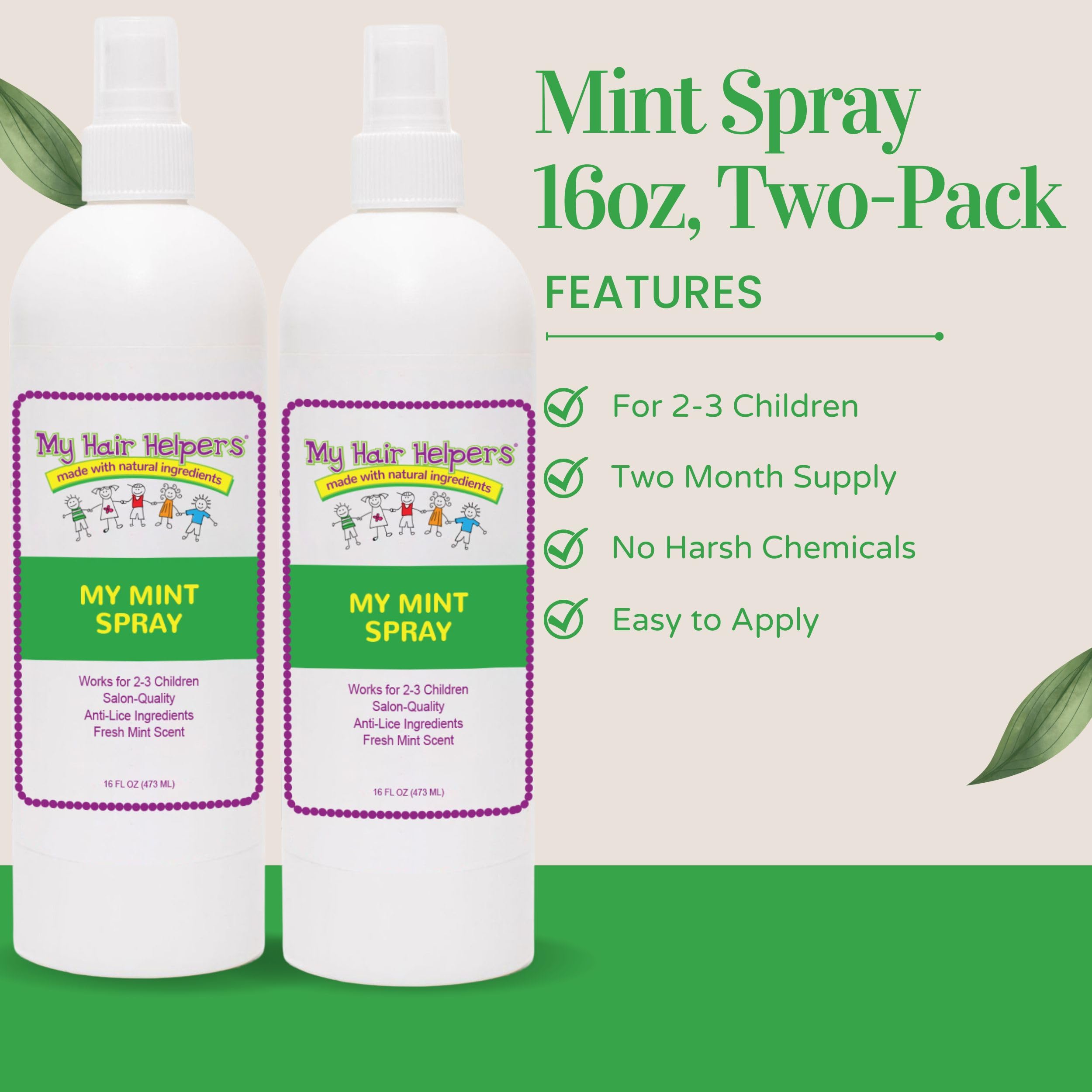 MY HAIR HELPERS Mint Lice Prevention Spray – 2x16oz, 2-Month Supply for 2–3 Kids