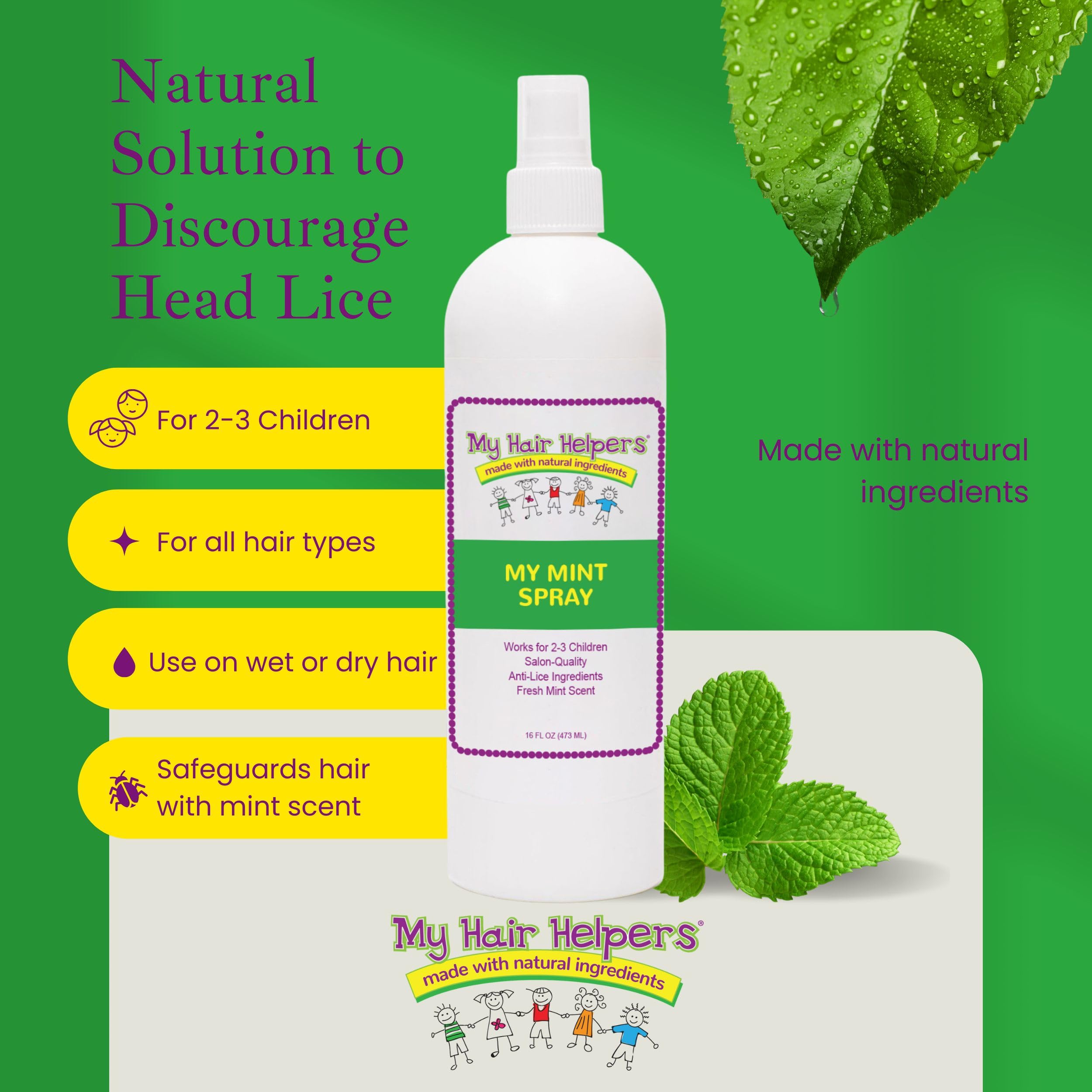 MY HAIR HELPERS Mint Lice Prevention Spray – 2x16oz, 2-Month Supply for 2–3 Kids