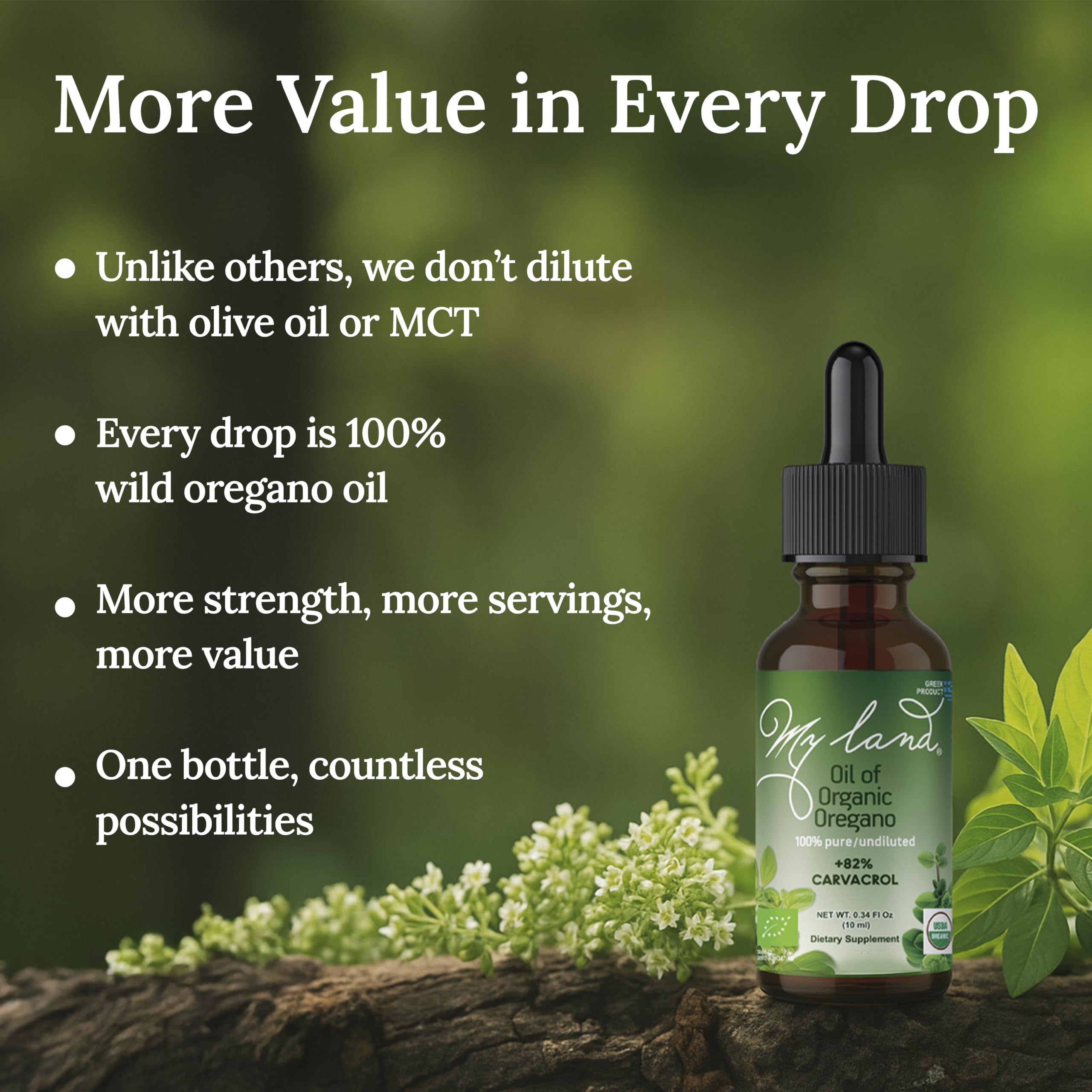 MY LAND Organic Oregano Oil Drops 10ml – Pure, Undiluted, High Carvacrol | Mt. Olympus Steam-Distilled | Immune & Digestive Support