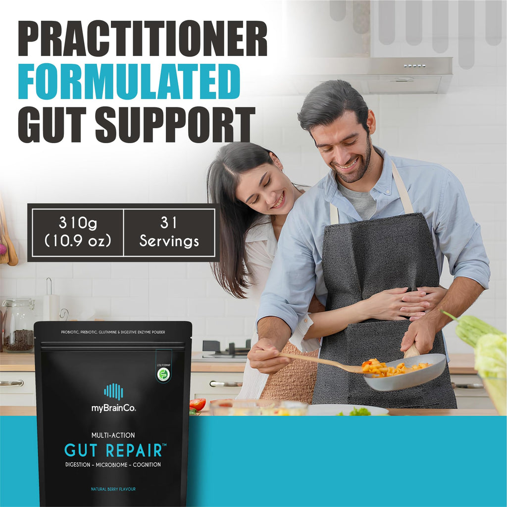 myBrainCo Gut Repair – Low FODMAP Digestive Support Powder with Probiotics, Enzymes & Glutamine (310g)