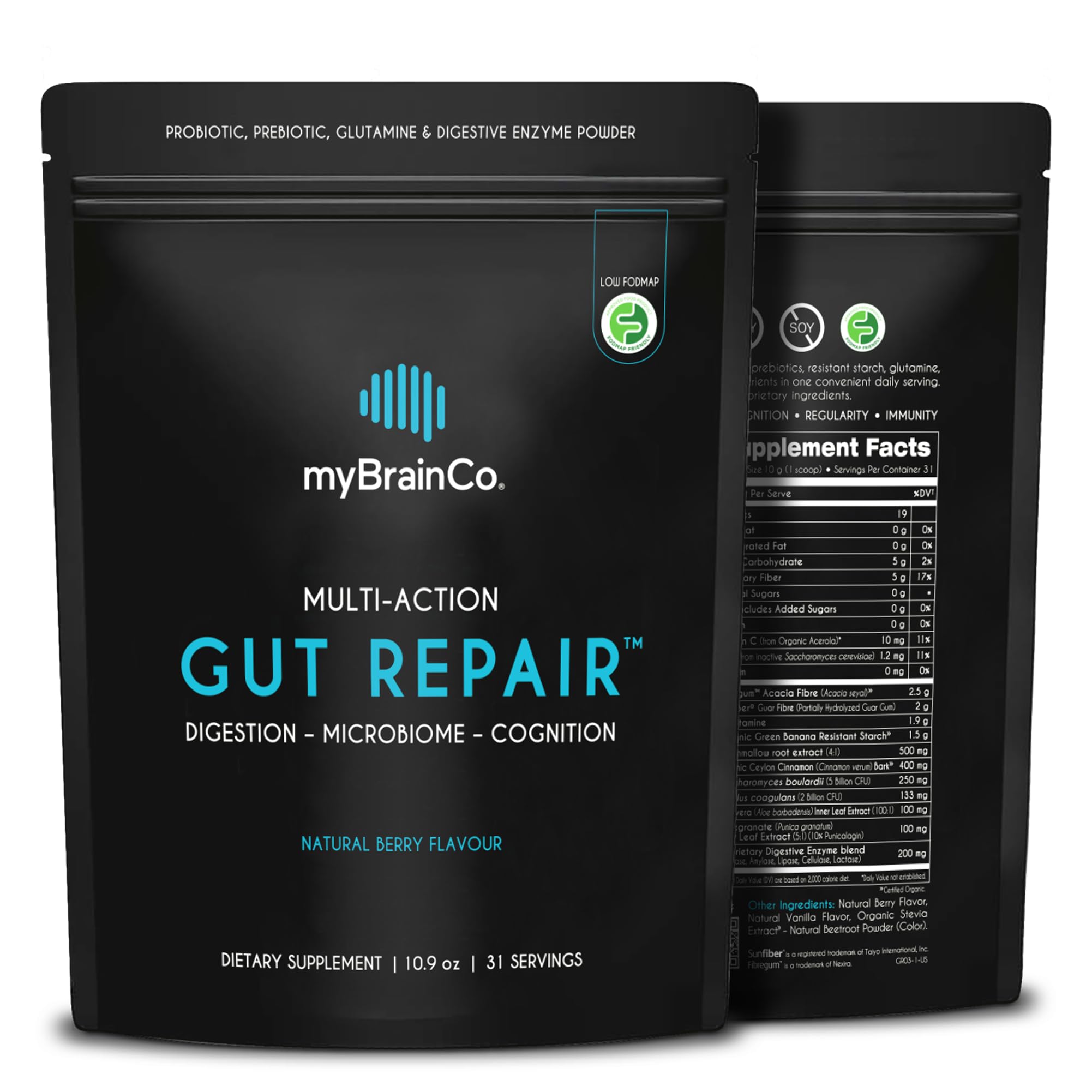 myBrainCo Gut Repair – Low FODMAP Digestive Support Powder with Probiotics, Enzymes & Glutamine (310g)