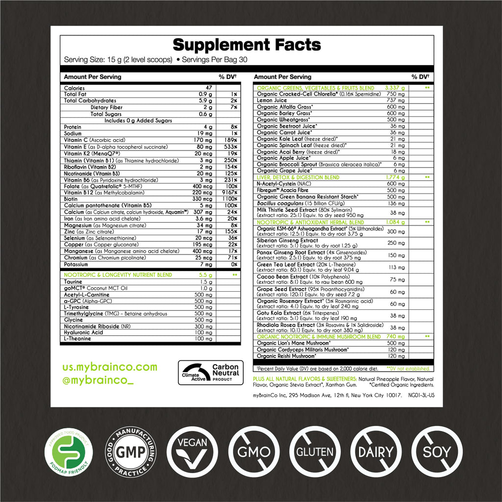 myBrainCo. Nootropic Greens — Premium Organic Brain, Body & Longevity Optimizer (15.9 oz)