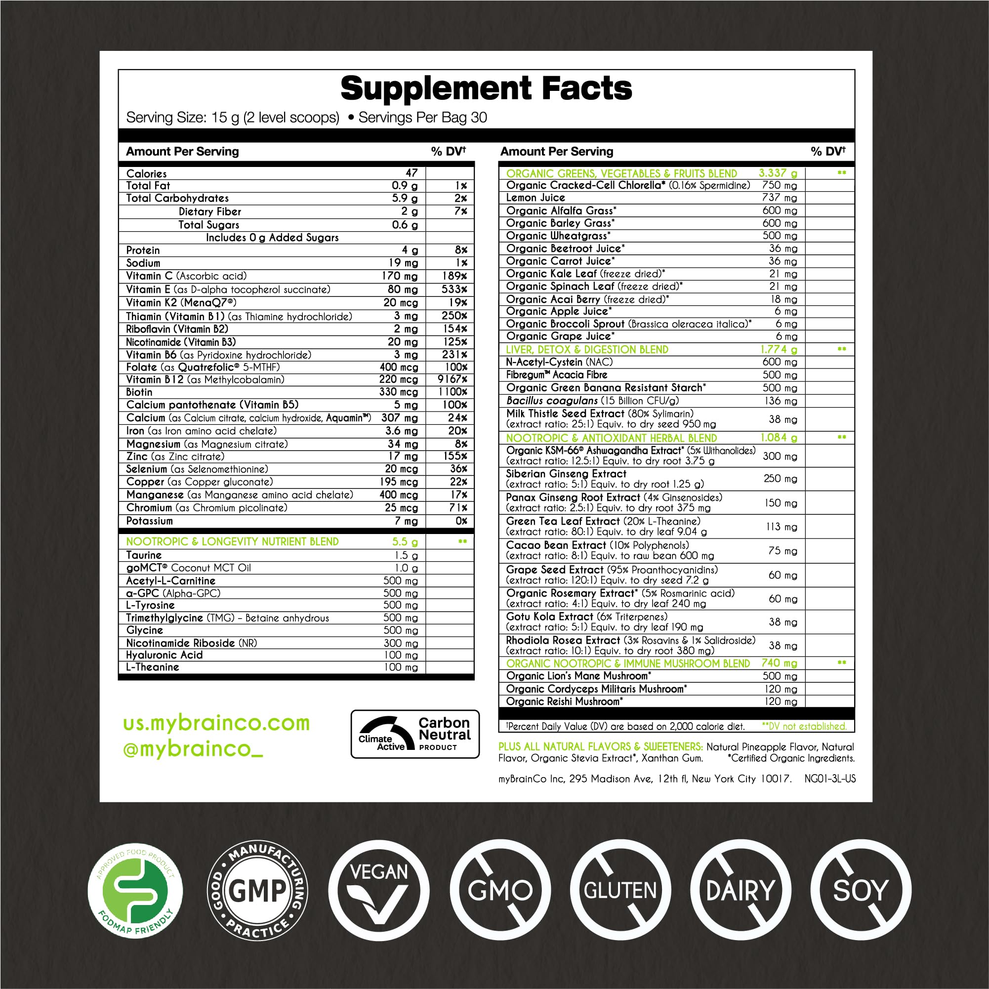 myBrainCo. Nootropic Greens — Premium Organic Brain, Body & Longevity Optimizer (15.9 oz)