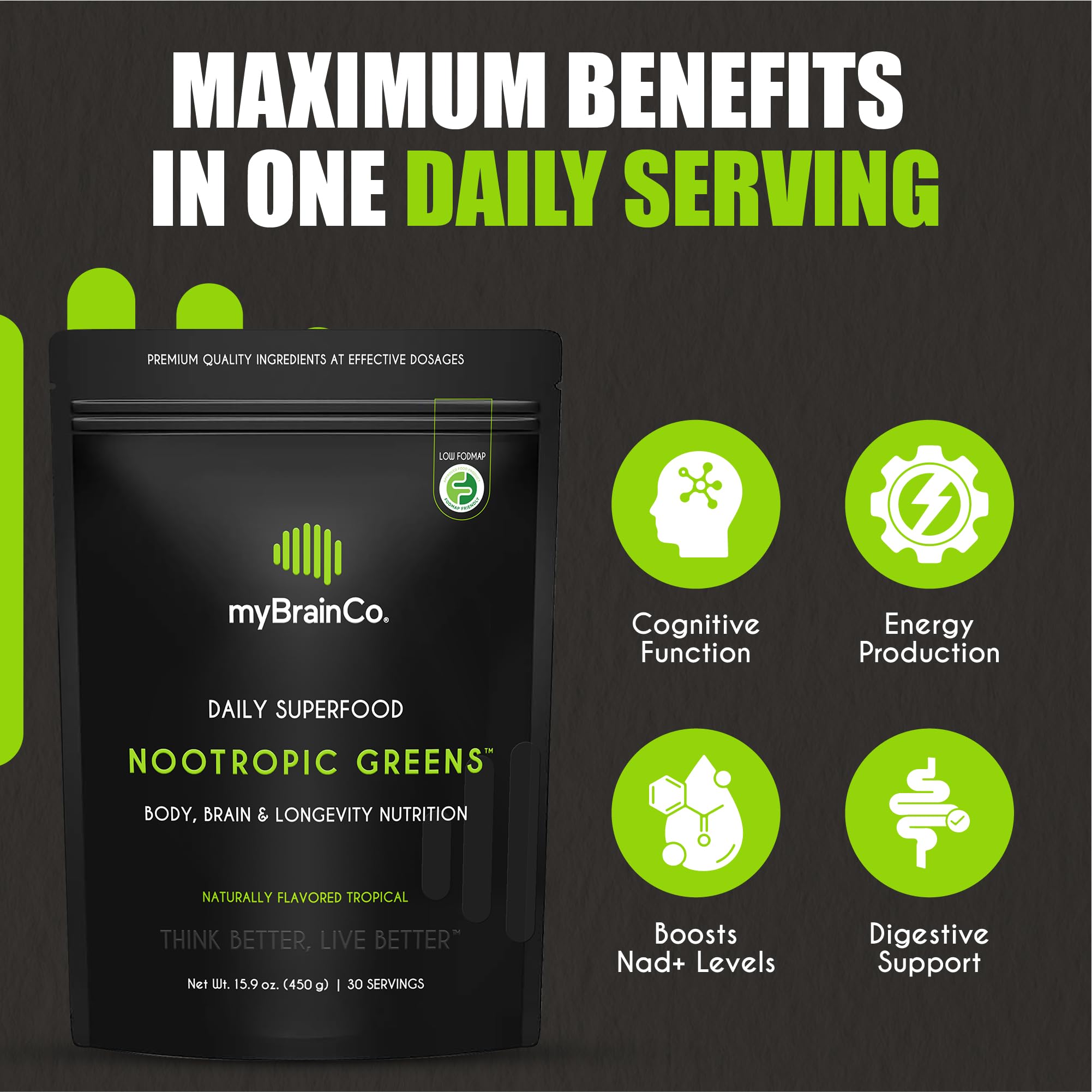 myBrainCo. Nootropic Greens — Premium Organic Brain, Body & Longevity Optimizer (15.9 oz)